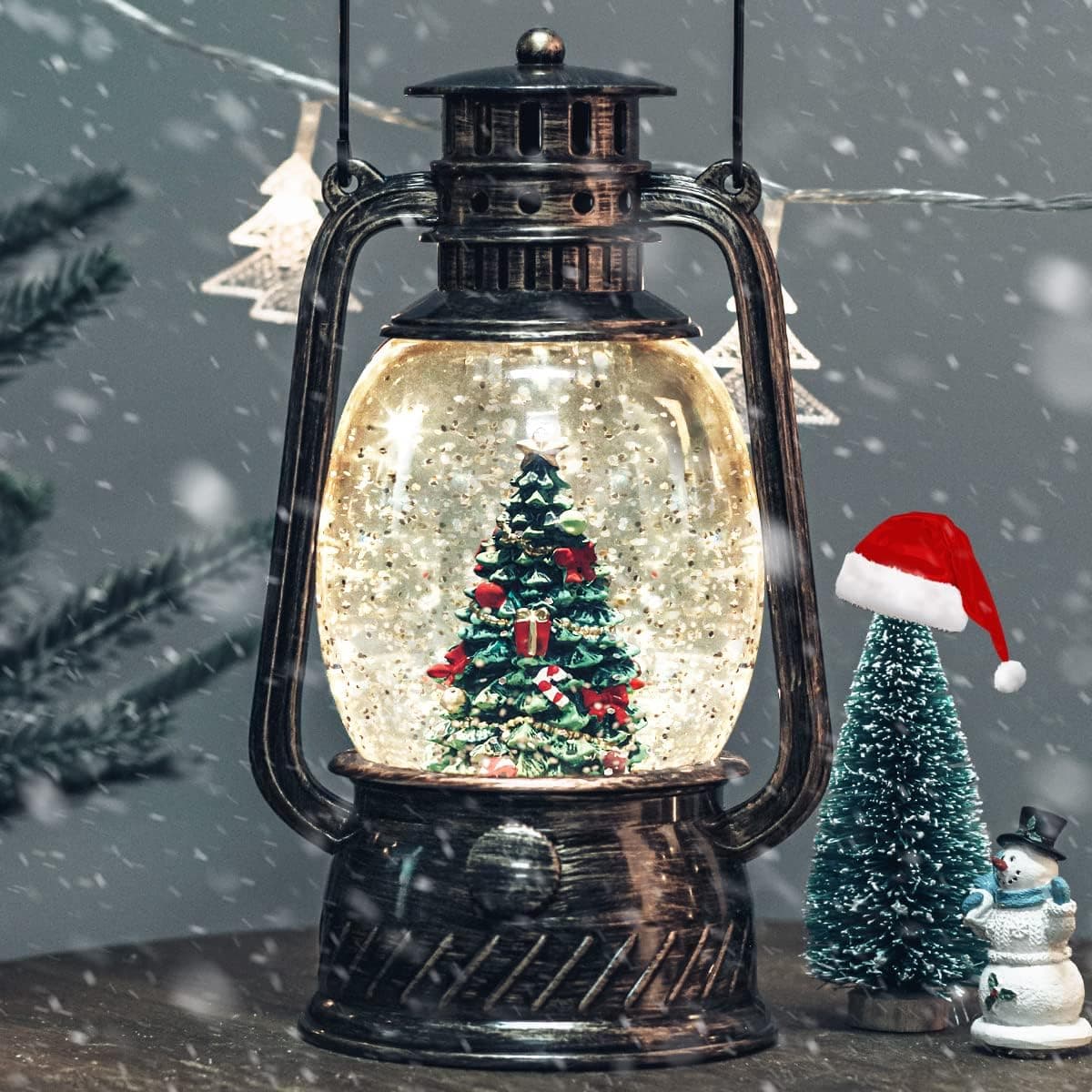 Christmas Snow Globe Lantern Spinning Water Glittering with Christmas Tree Scene, Battery & USB Powered Light for Home Decoration