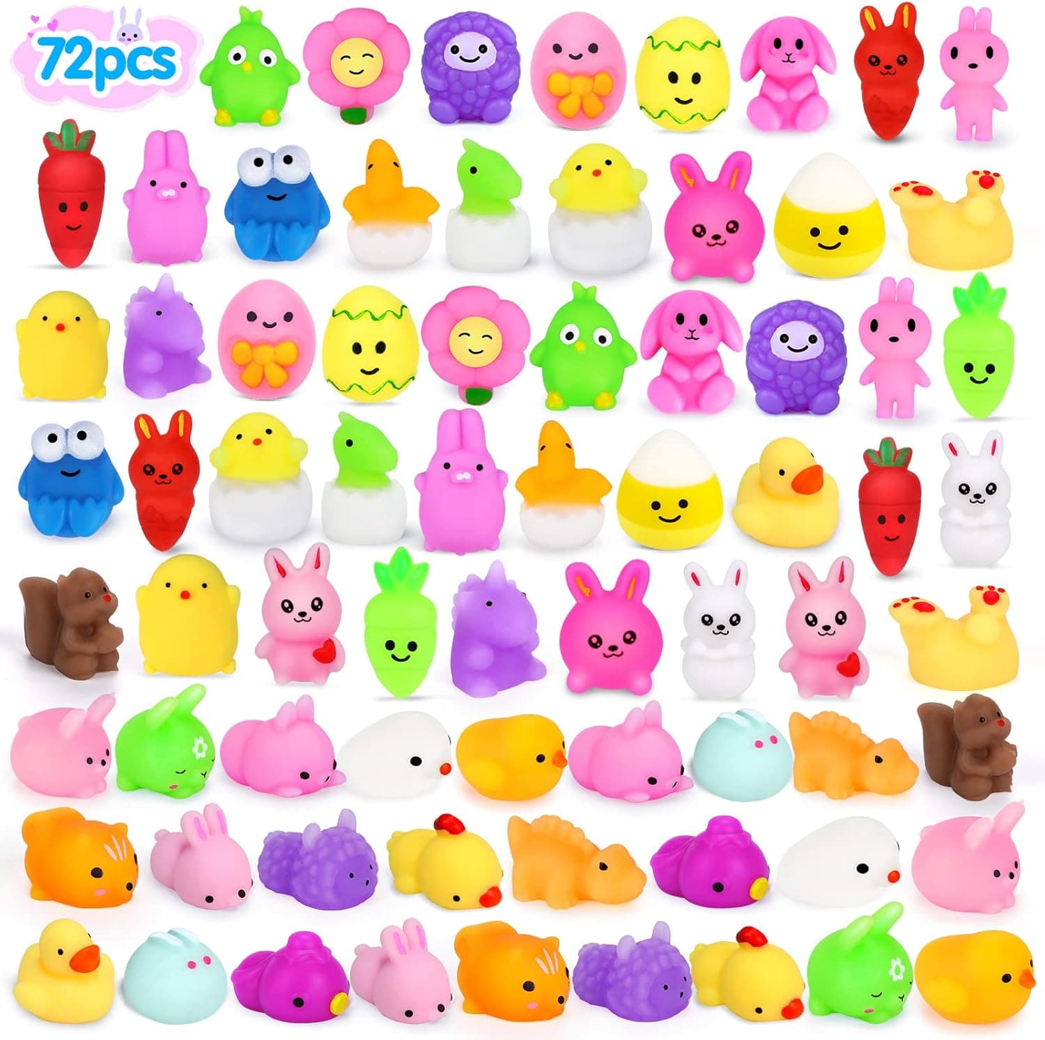 HINZER 72PCS Easter Squishies Kids Party Favors Easter Mochi Squishy Toys Kawaii Animal Squishies Toy for Kids Easter Eggs Fillers Easter Basket Stuffers Eggs Hunt Gift for Kids Boys Girls
