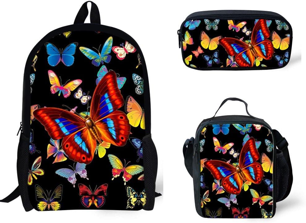 doginthehole Butterfly Print Backpack Set 3 Piece Shoulder School Bags Lunchbox
