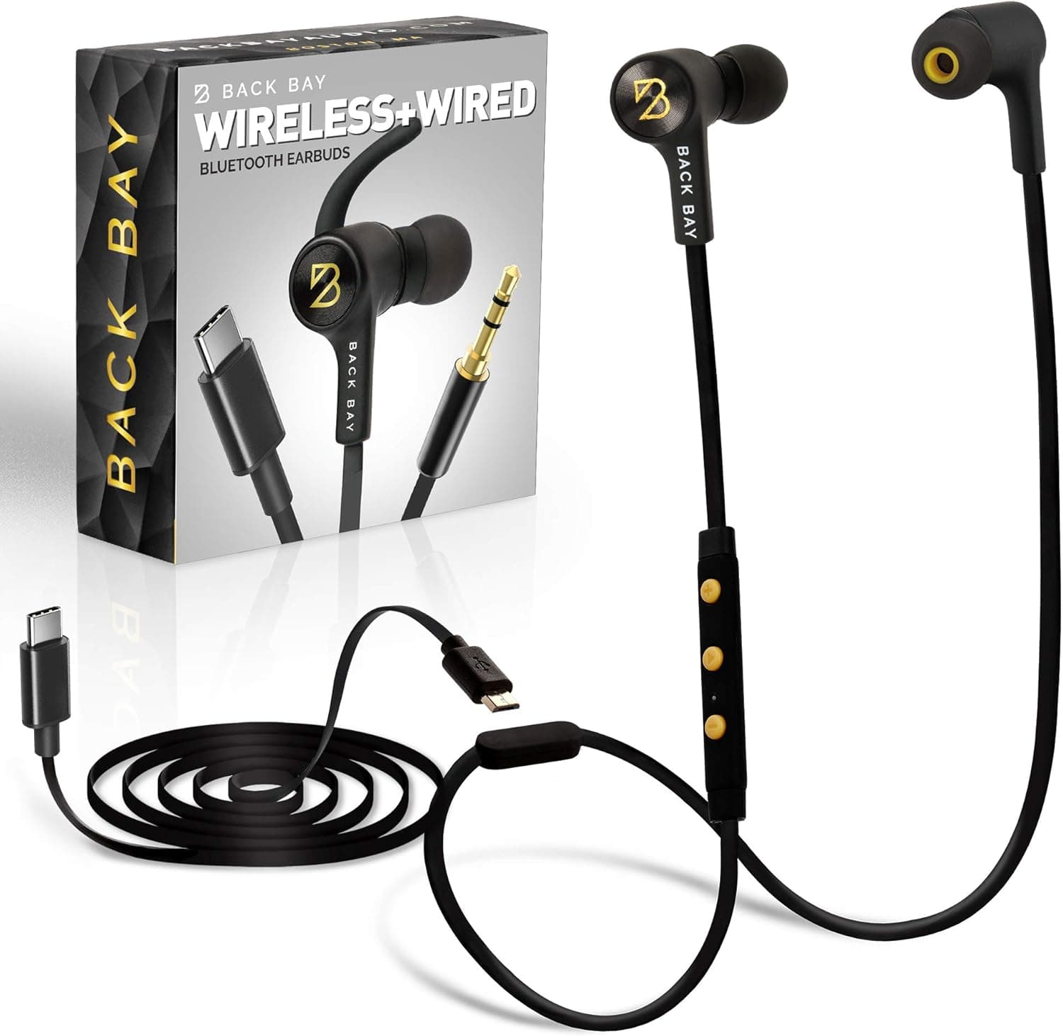 Back Bay 3-in-1 Wireless & Wired USB-C Headphones [Bluetooth, USB Type C, Aux 3.5mm Cables] Sweatproof Earbuds Bass Earphones. Pixel, Note, Galaxy