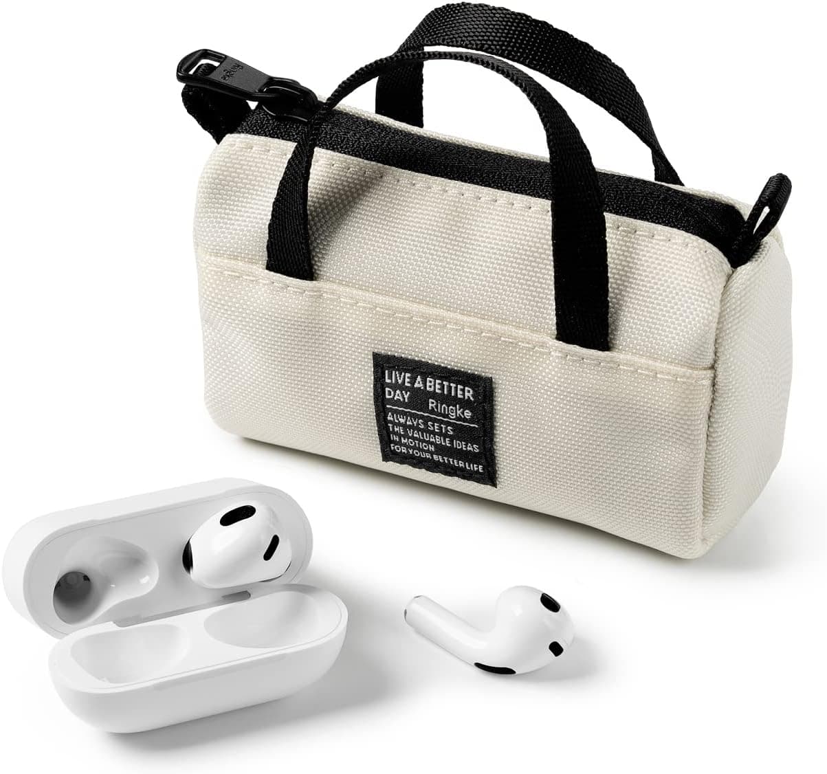Ringke Mini Pouch Sports Bag Compatible with AirPods Pro Case and AirPods 3rd, 2nd, 1st Generation Case, Galaxy Buds Pouch, Universal Wireless Ear Buds Cover with Keychain for Women, Men - Ivory