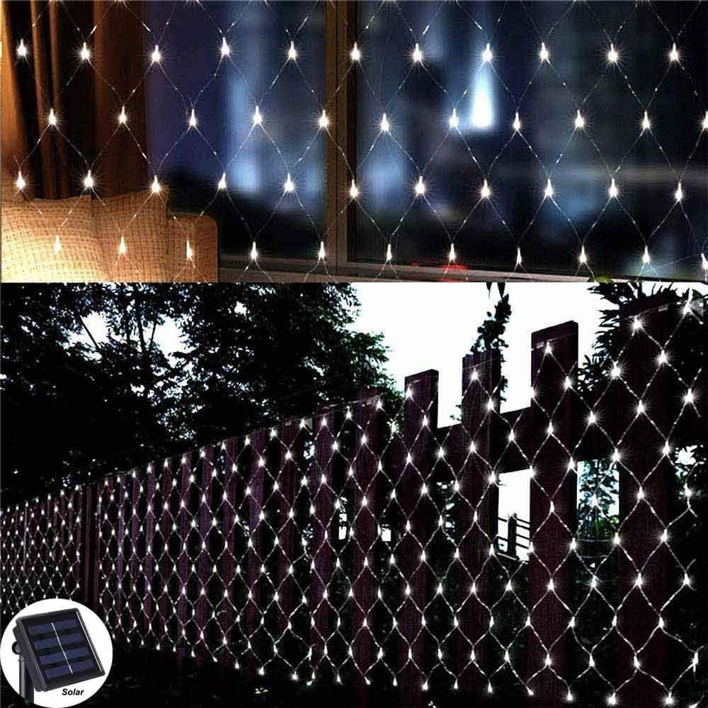 Solar Net String Lights 4.9 x 3.9 Ft 100LED Fairy Mesh Waterproof Wide Angle LED Curtain Garden Lights for Outdoor Patio Gate Yard Party and Holiday Decorations(White LED)