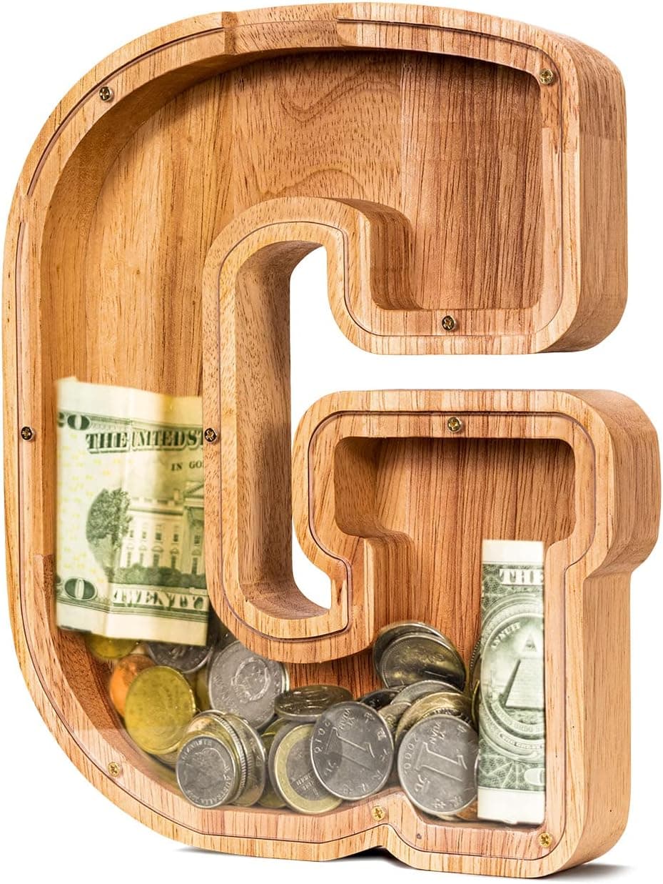 SummiDate Wooden Letter Piggy Bank| Piggy Bank for Boys Girls Toddler| Alphabet G Money Bank| Coin Bank Birthday Gift for Kids|Children's Day Gift(Initial-G)