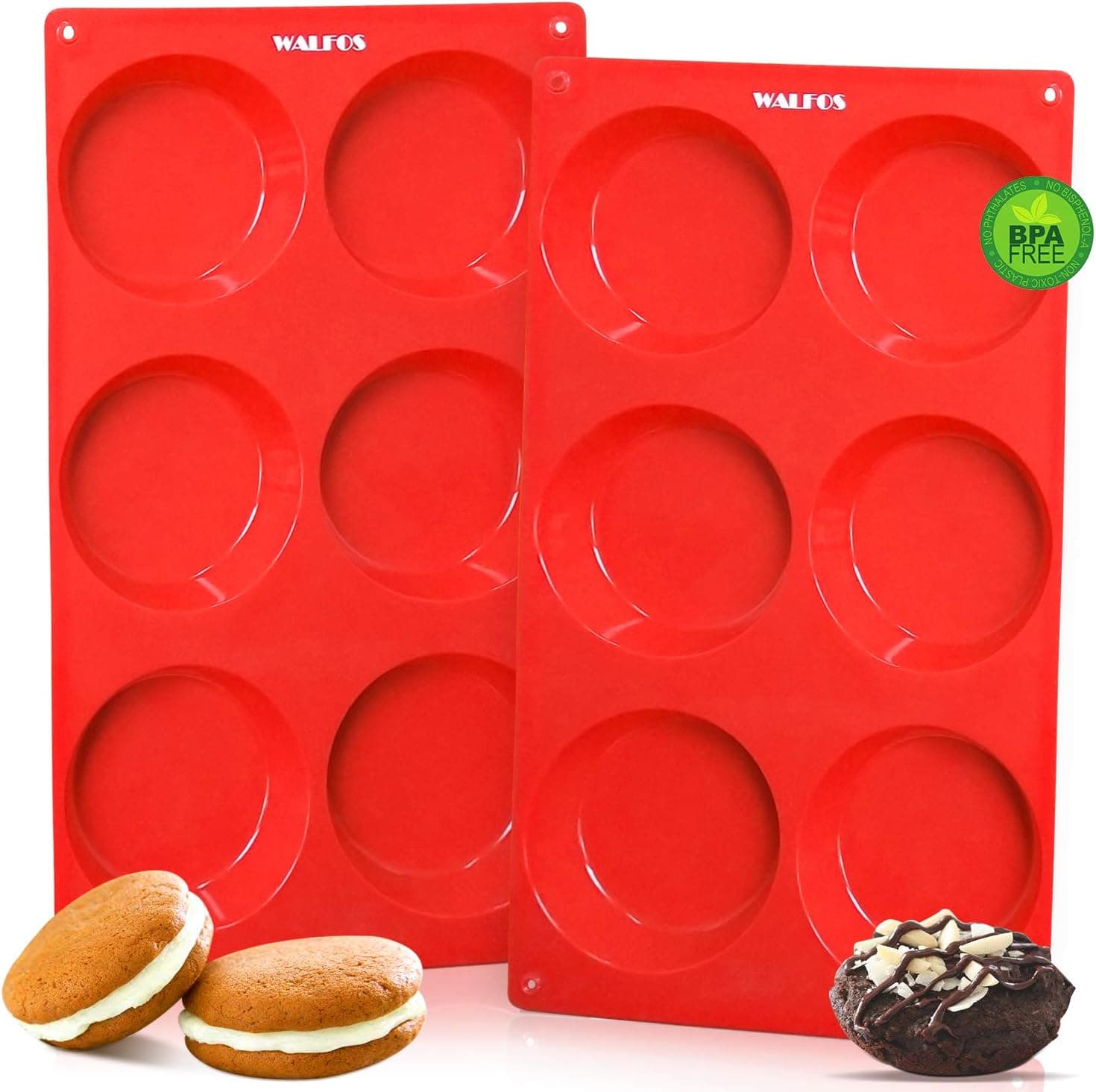 Walfos Silicone Whoopie Pie Baking Pans, 2 Pcs Non-Stick Muffin Top Pan. Food Grade and BPA Free Silicone, Great for Muffin, Eggs, Tarts and More, Dishwasher Safe