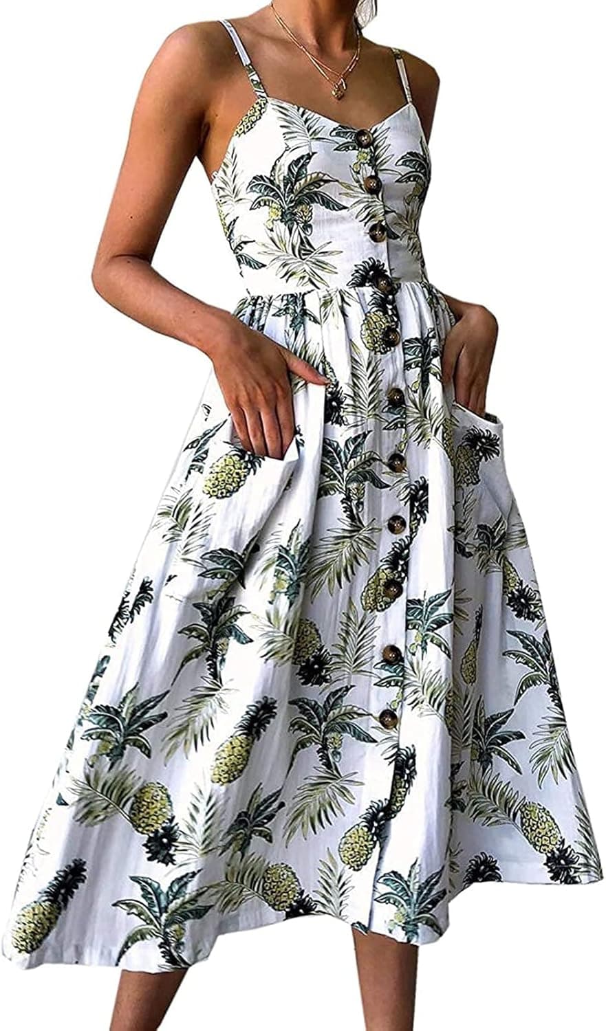 Women's Boho Tie Front Button Down Spaghetti Straps Floral Backless Swing Midi Dress