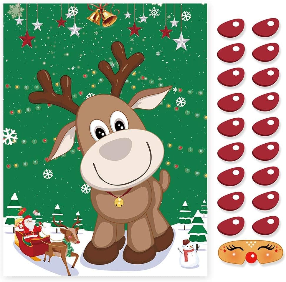 CCINEE Pin The Nose on The Reindeer Holiday Reusable Game Christmas Party Games with 36 Noses and 4 Blindfold for for Kids and Adults,