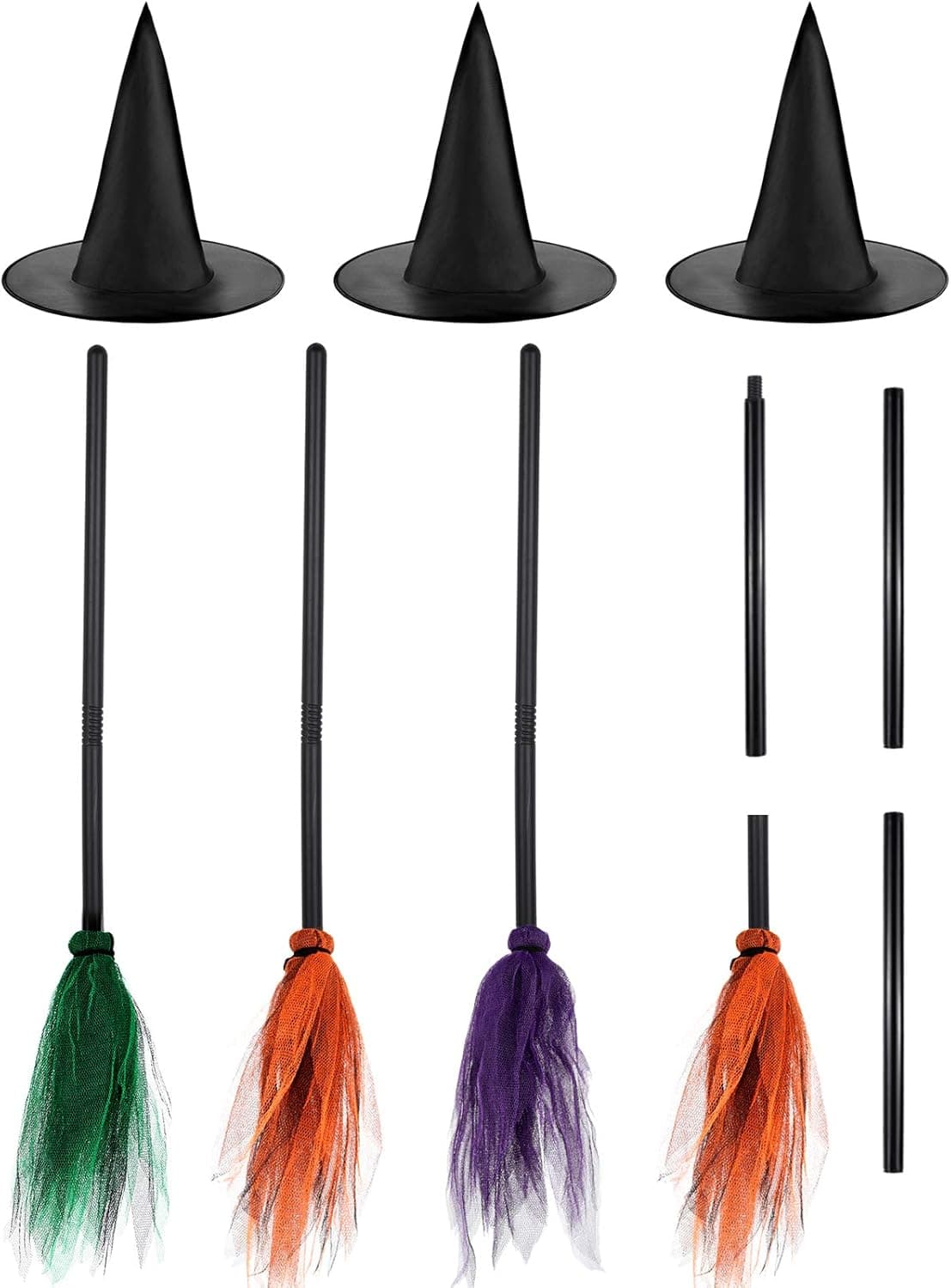 Sumind 3 Pieces Halloween Witch Broom Plastic Witch Broomstick Broom Props Witch Broom Party Decoration with 3 Pieces Witch Hat for Halloween Costume Party