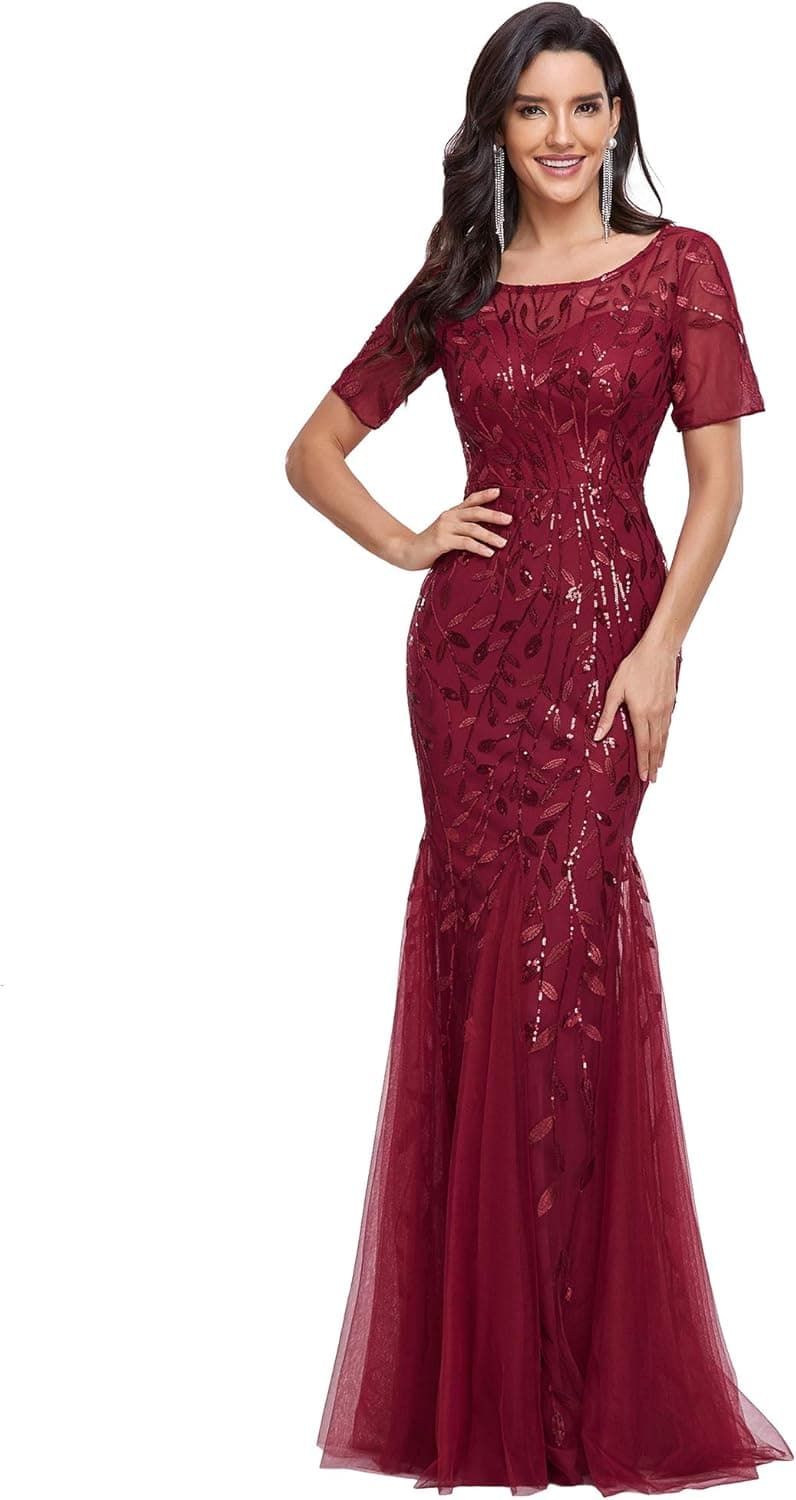 Ever-Pretty Women's Elegant Illusion Short Sleeve Sequin Embroidery Mermaid Evening Dress 07707-USA