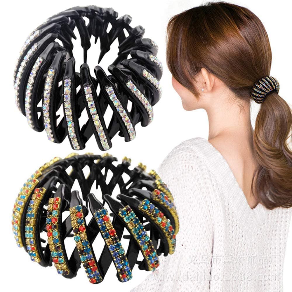 Ovche Crystal Bird Nest Buns Hair Clips Ponytail Hair Comb French Teethes Side Comb Headpiece Grip Hair Clips Jewelry Accessory for Women Girls,Black and Colour