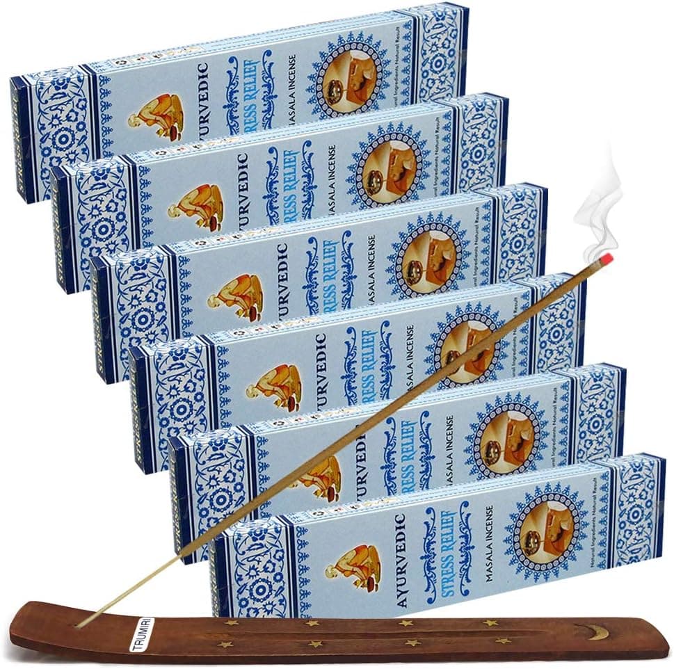 Trumiri Incense Stick Holder Bundle with Ayurvedic 15g Masala Incense Sticks - Pack of 6 (Approx 90 Sticks)