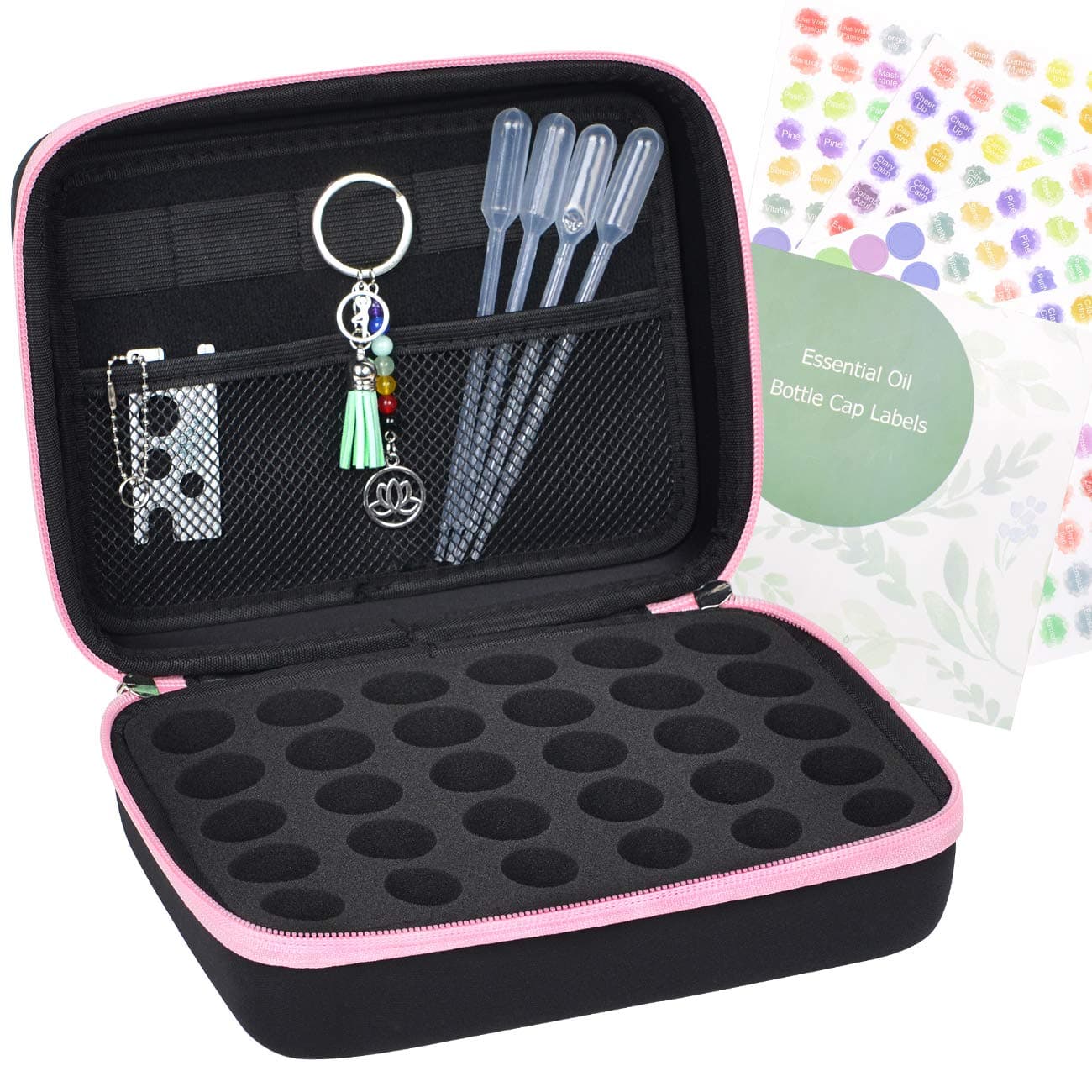 Beschan Essential Oil Storage Case Travel Carrying Oil Holder 30 for 5 10 15 ml Bottles & Roller Bottles with Stickers and Bottle Opener PINK-8.7"Lx6.3"Wx3.7"H