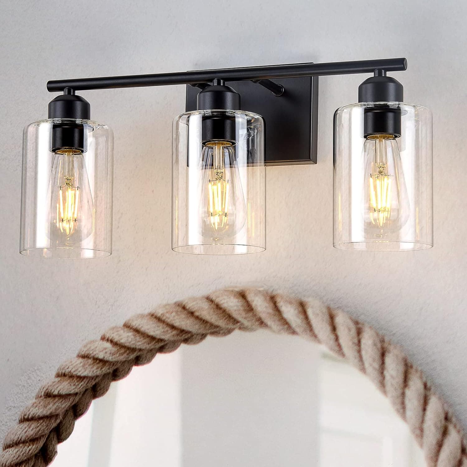 Bathroom Vanity Light Fixtures, 3-Light Black Bathroom Lights over Mirror Modern Wall Sconces Lighting, Matte Black Bathroom Wall Lights with Clear Glass Shade for Mirror, Hallway, Powder Room