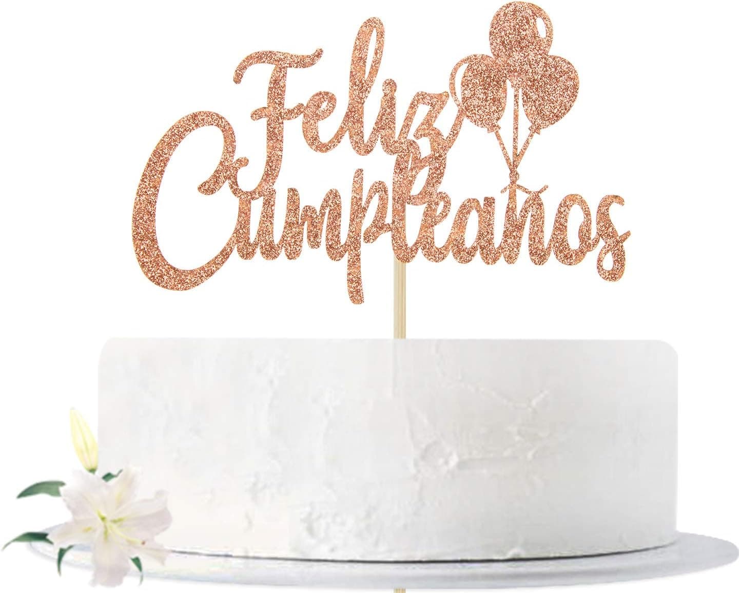 Rose Gold Glitter Feliz Cumpleaños Cake Topper for Fiesta Theme Party Decors, Spanish Happy Birthday Party Decoration Supplies