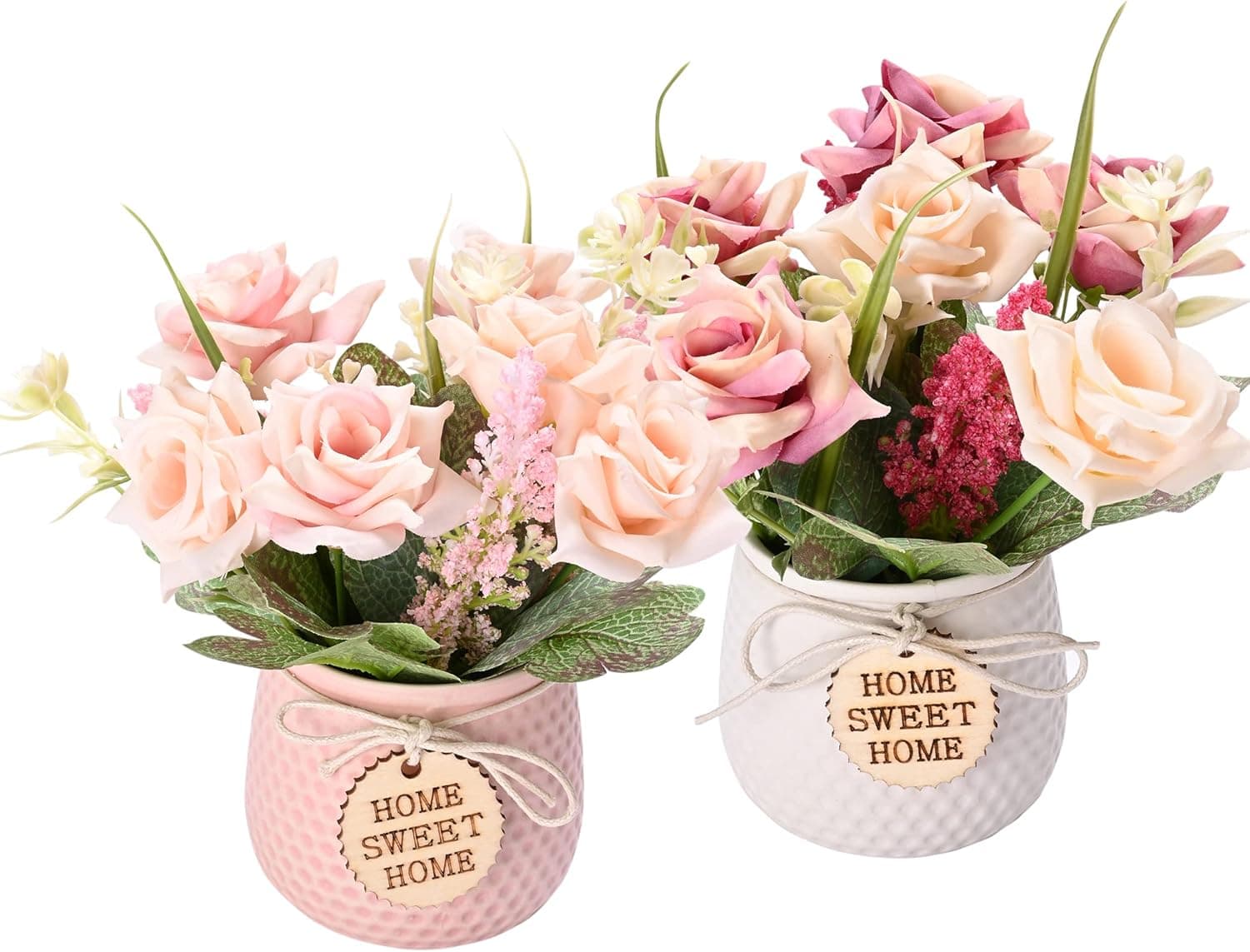 LUEUR Artificial Potted Flower 2pcs Fake Flowers in Pot Silk Rose Bouquet Decoration with Ceramics Vase Fake Plants Floral Arrangement for Table Centerpieces Home Office Wedding Décor (Pink&Dark Pink)