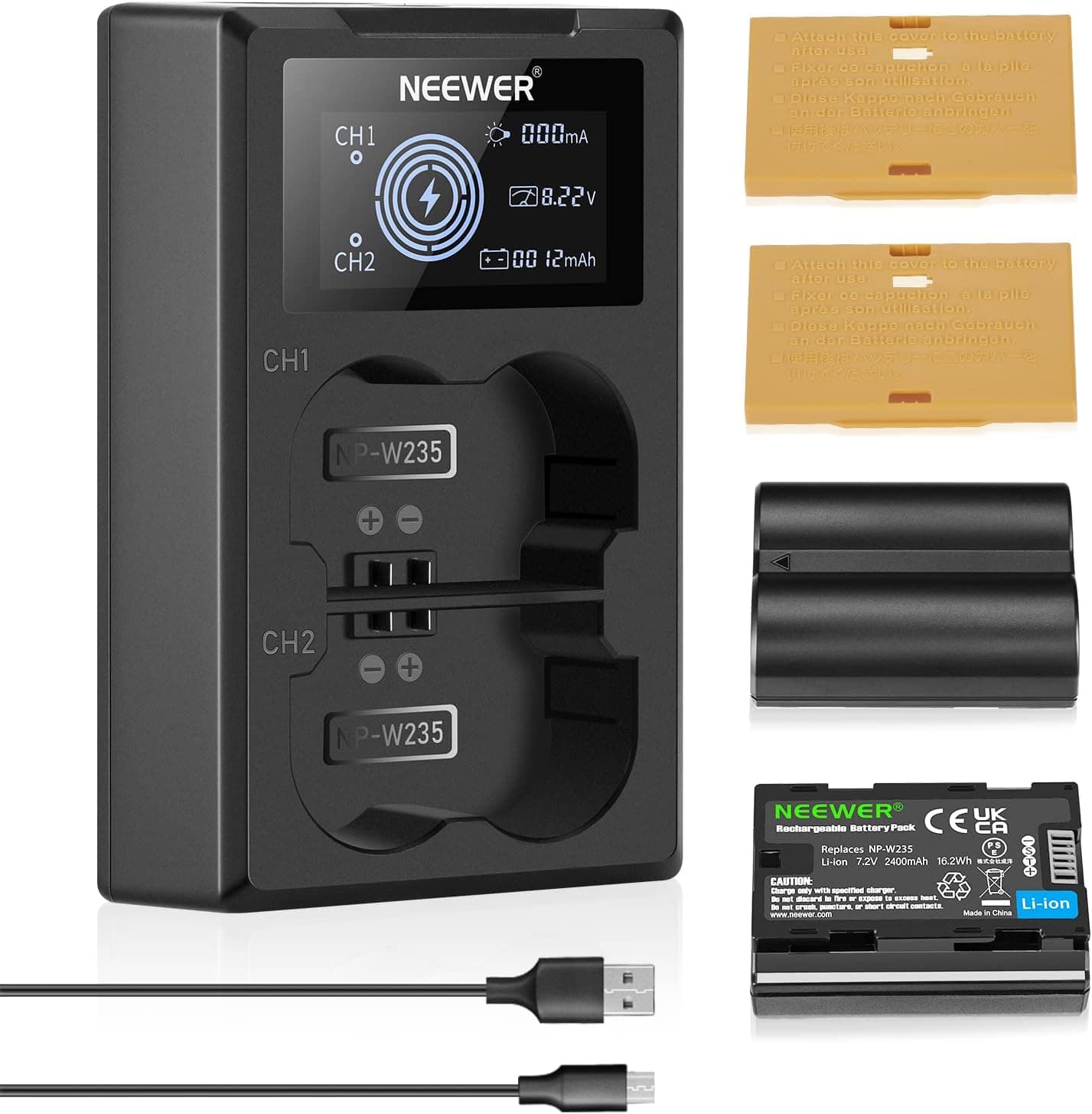 NEEWER NP-W235 Camera Battery Charger Set, Dual Slot USB Charger with LCD, 2 Pack 2400mAh Replacement Batteries Compatible with Fujifilm X-T5 X-T4 GFX 100S X-H2S GFX 50S II VG-XT4 Battery Grip