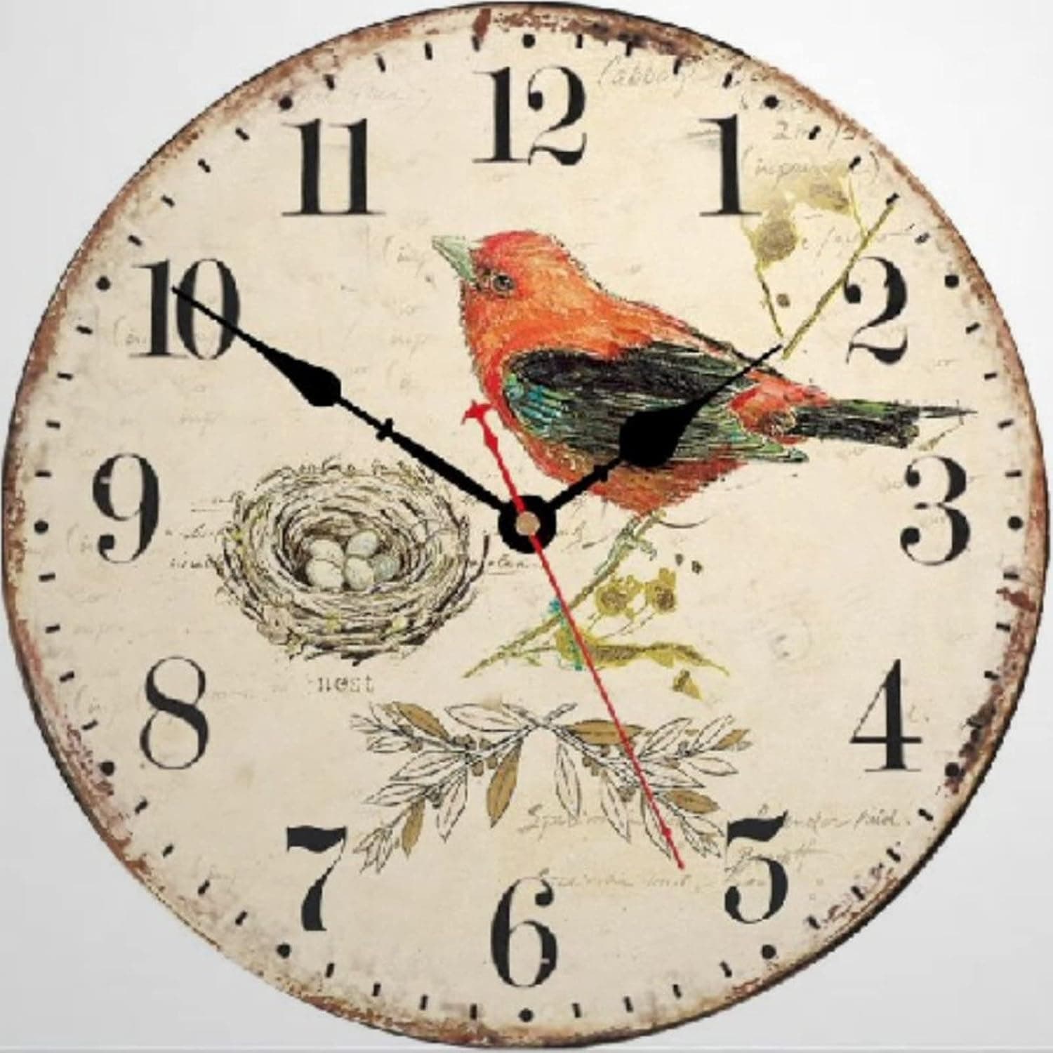 Vintage Round Wooden Wall Clock Bird On Pattern Clock Silent Non 10 Inch Battery Operated Home Office School