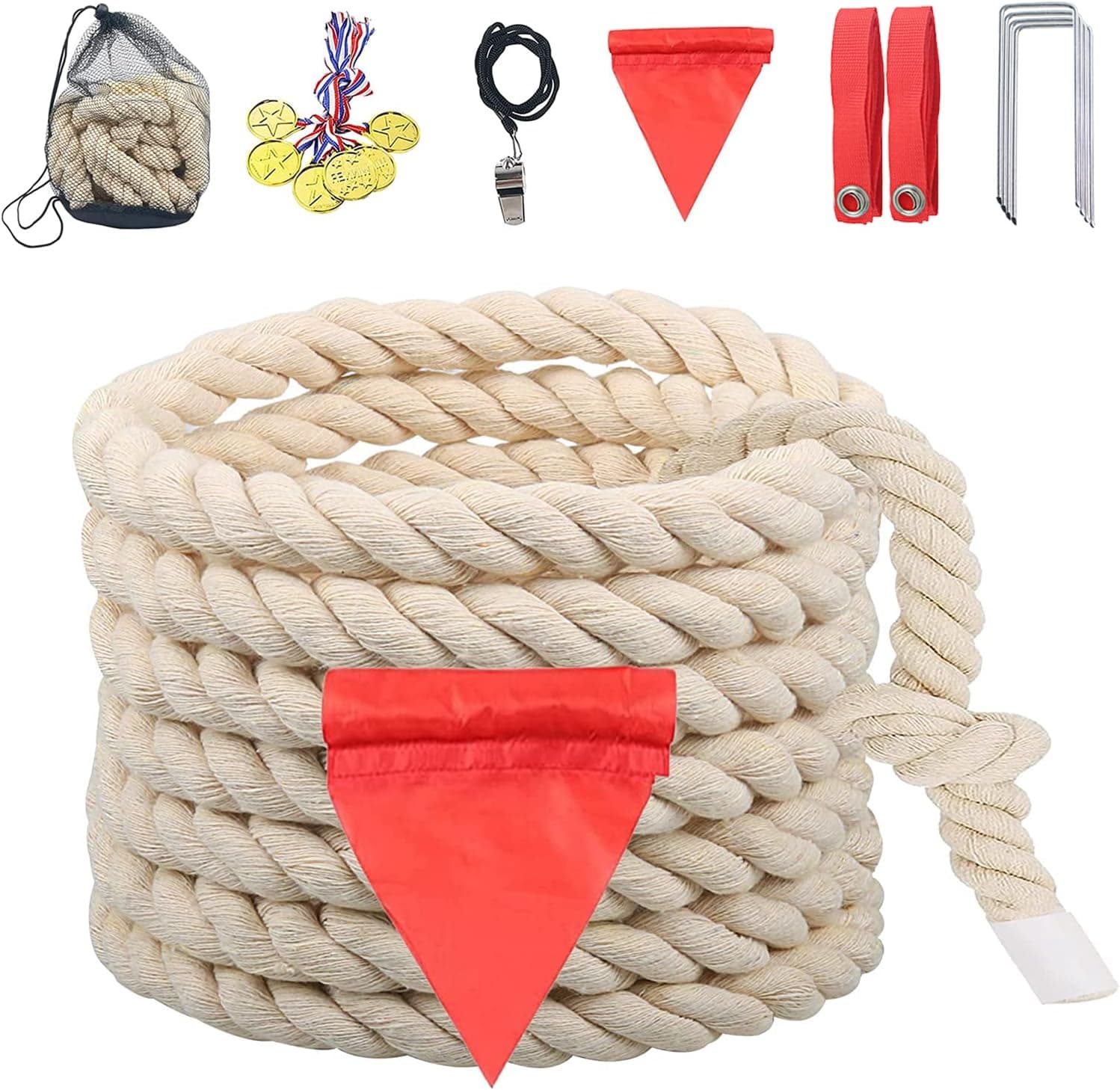 Tug of War Rope for Kids and Adults, Natural Twisted Cotton Rope, Outdoor Games Set Perfect for Carnival Team Building Activities, Field Day Family Reunion Birthday Party Game, Outside Yard Lawn Games