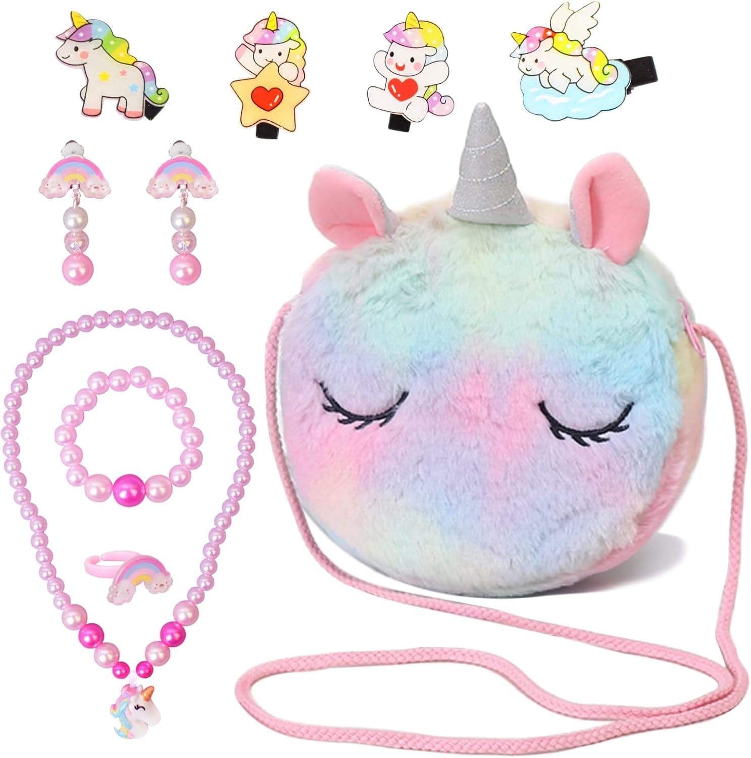 ZONESTA Unicorn Bag Little Girls Dress Up Purse 9 Pcs Jewelry Pretend Play Toy Kids Accessories Birthday, for Girls