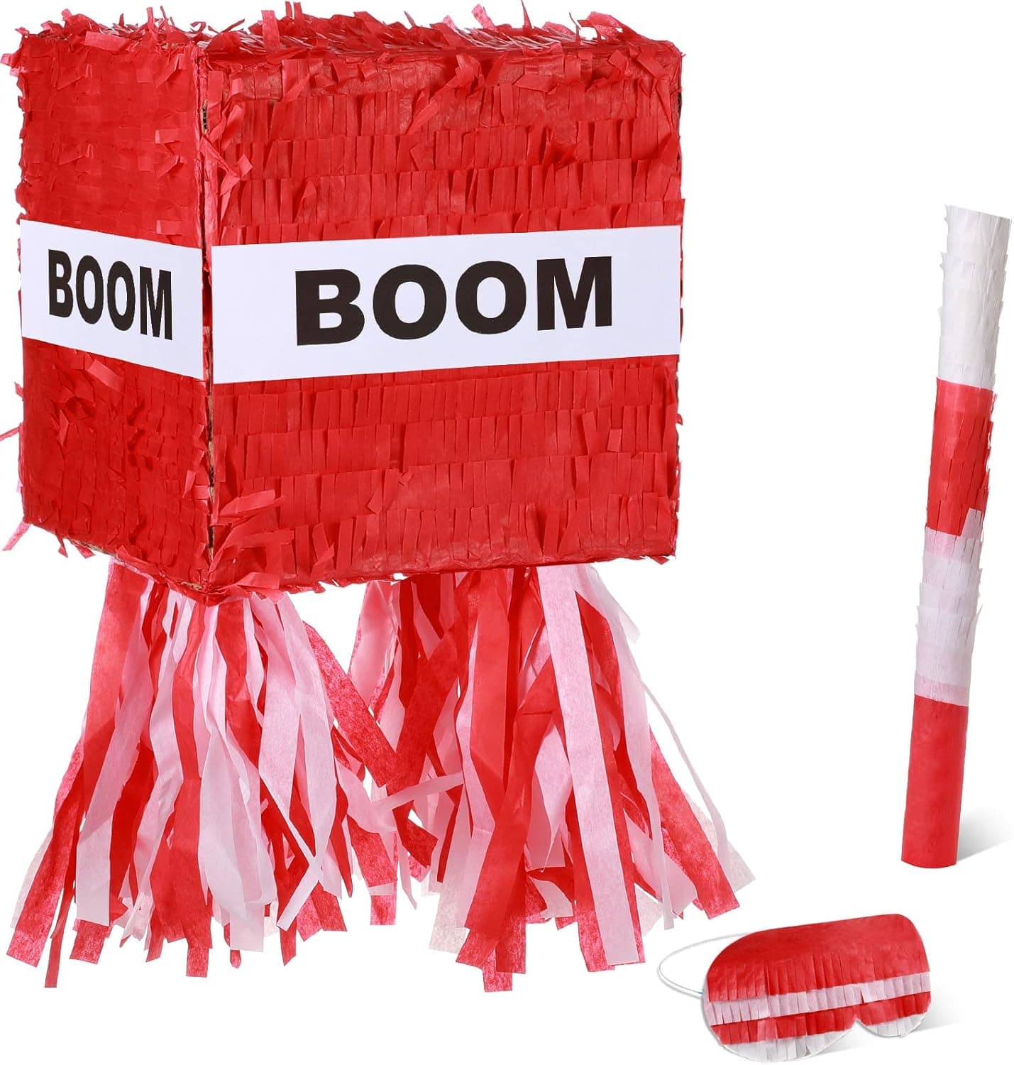 Small Red Boom Pinata with Blindfold and Stick Small Cube Shape Pinata for Birthday Party, 7 x 7 x 7 Inches
