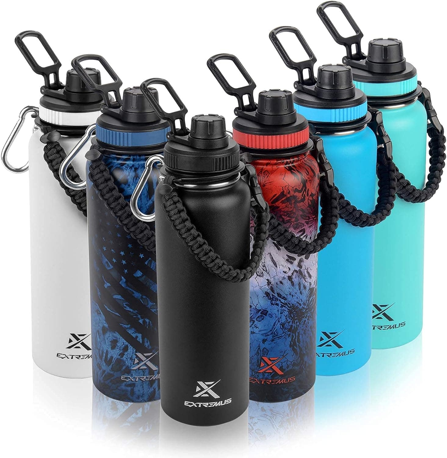 Extremus Deluge Stainless Steel Vacuum Insulated Sports Water Bottle with 100% Leak-Proof Travel Lid, w/Paracord Survival Handle, 40 oz, White