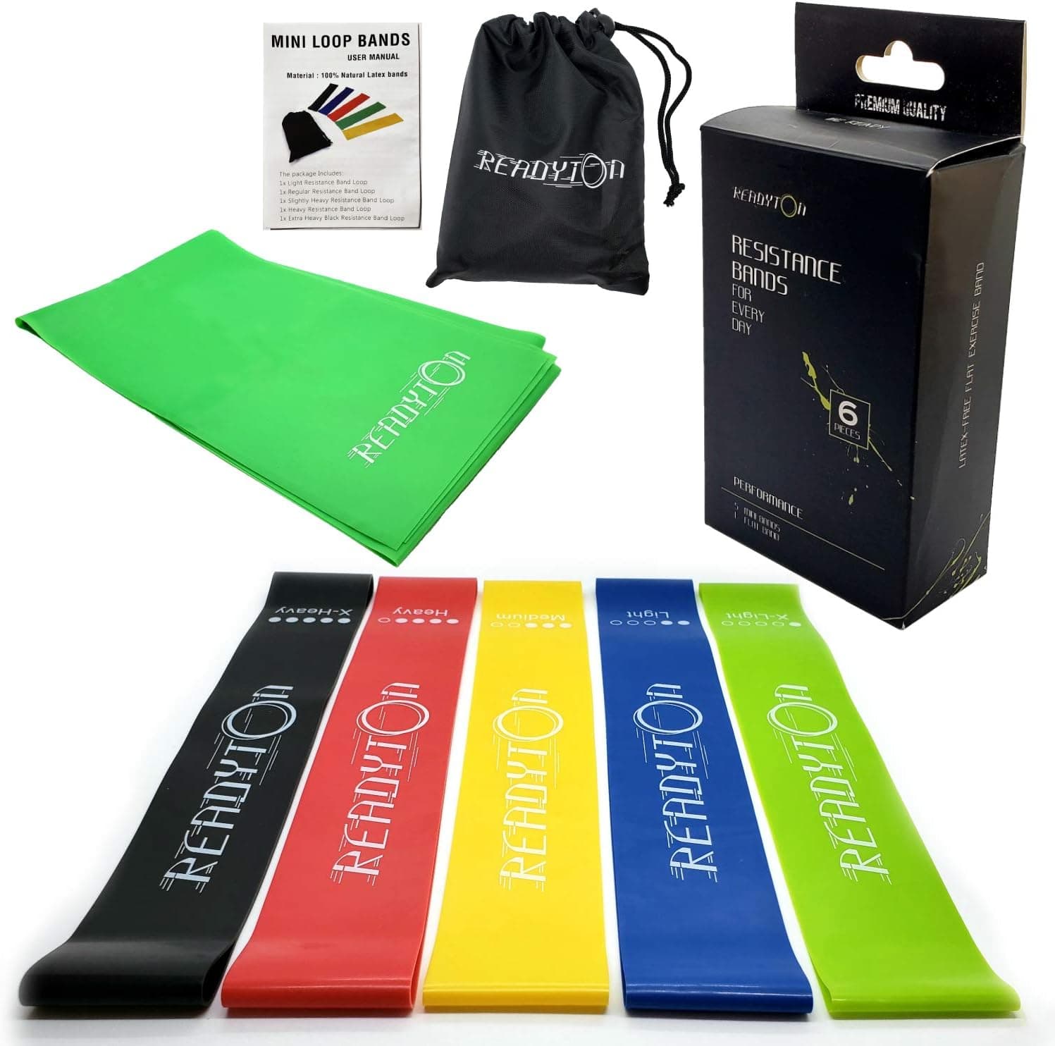 Readyton Resistance Bands | Set of 5 x Latex Mini Loop Bands and 1 x TPE Flat Exercise Band | Instruction Manual and Carry Bag | Workout Bands | Physical Therapy, Yoga
