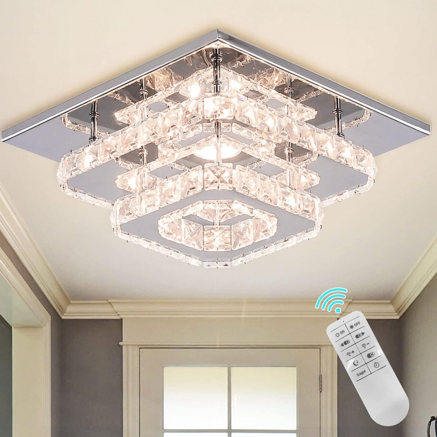 Cainjiazh Mini Chandelier LED Crystal Ceiling Light 2 Layers Flush Mount Ceiling Light Modern Chandelier Lighting for Hallway Staircase Kitchen Bathroom (Dimmable)