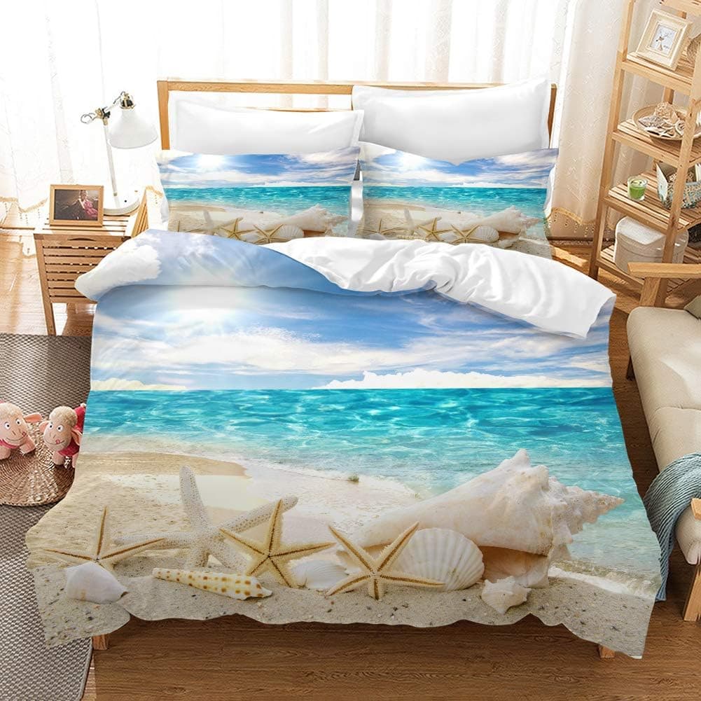 Earendel Tropical Beach Duvet Cover Set Summer Ocean Scenery Bedding Starfish Shell by The Sea Bed Sets 3/4PCS Quilt Covers/Sheets/Pillowcases,Twin/Full/Queen/King Size(Full-200x229cm-3PCS,2)