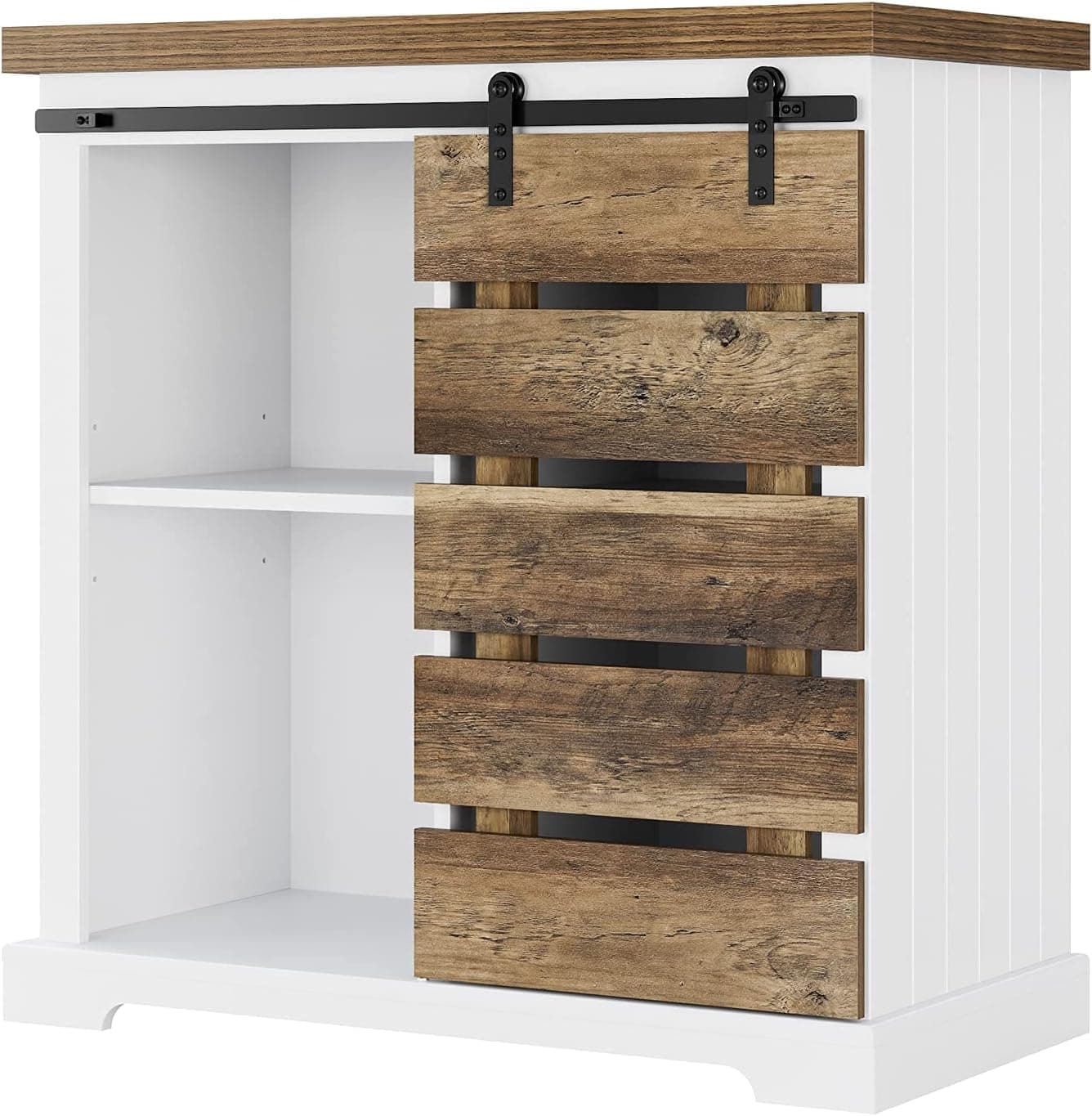 Modern Farmhouse Sliding Barn Door Storage Cabinet, Coffee Bar Cabinet, Floor Buffet Sideboard Entryway Cupboard with Adjustable Shelf for Living Room, Kitchen, Bathroom, Rustic Brown and White