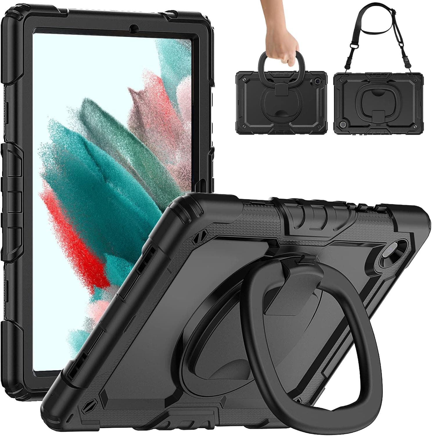 Vetvon Samsung Galaxy Tab A8 10.5 Case-Tab A8 10.5 Case SM-X200/ X205/ X207,Screen Protector [360°Rotating Handle Ring] Pen Holder Shoulder Strap for Galaxy Tab A8 10.5 Inch Case-Black