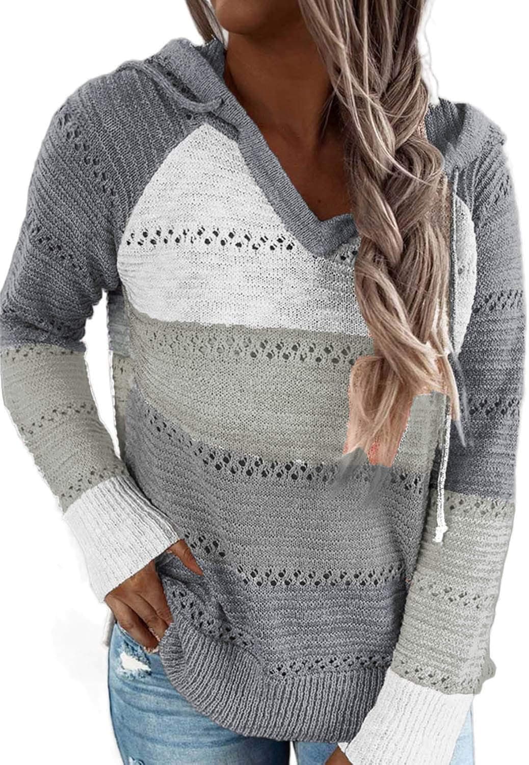onlypuff Casual Hoodie Sweatshirt Striped Color Block Long Sleeve Pullover Sweater