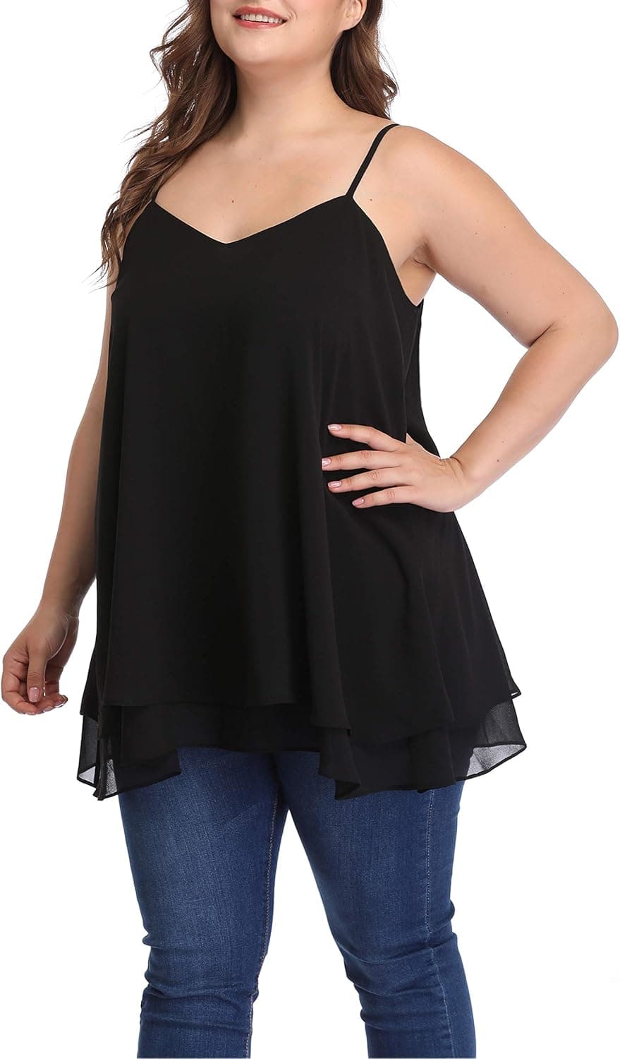 Long Plus Size Tank Tops for Women Summer Ruffle Sleeveless Shirts (Navy Blue, 4X)