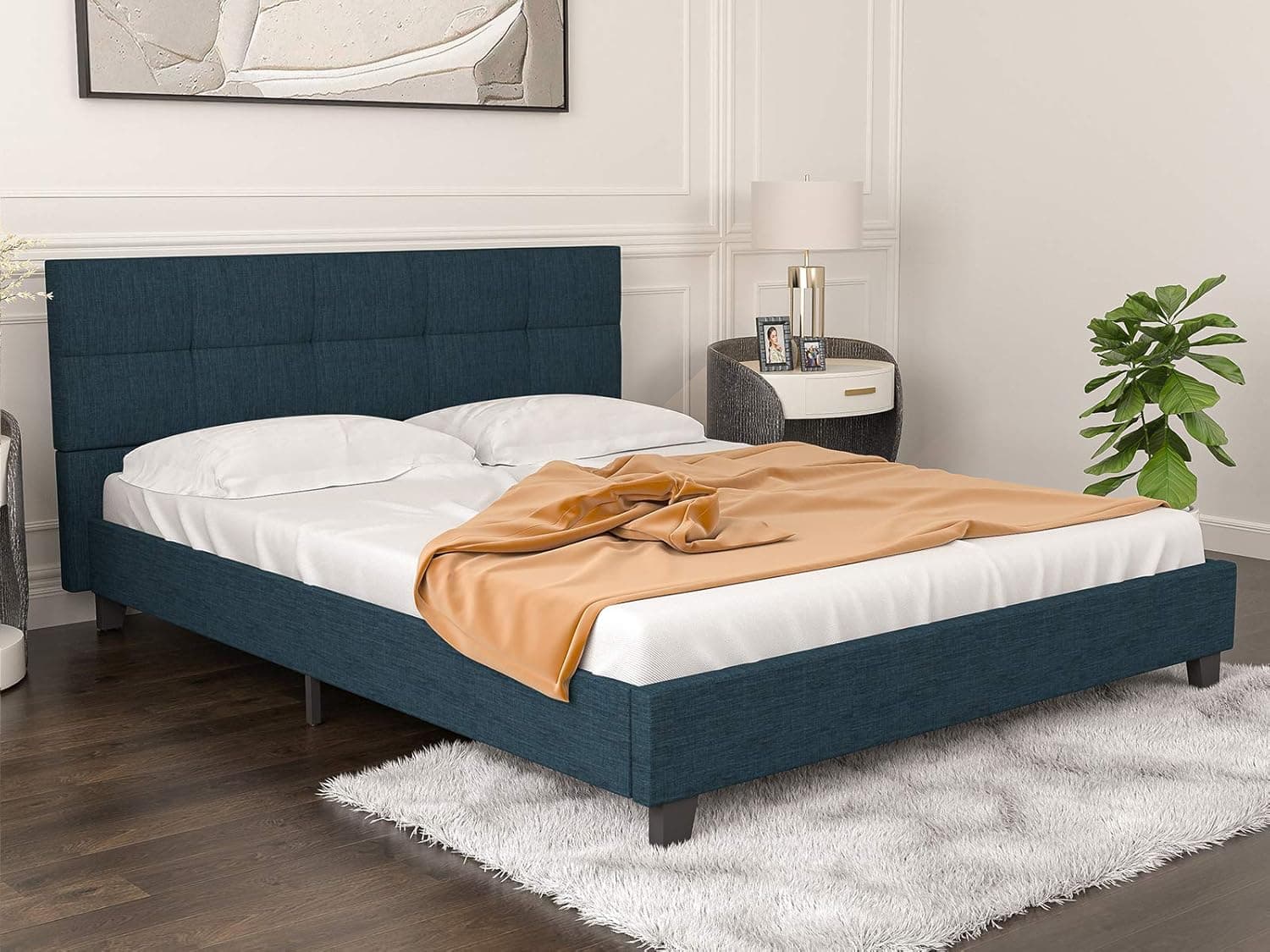 mecor Upholstered Linen Full Platform Bed Metal Frame/Mattress Foundation with Wood Slats/Tufted Square Stitched Fabric Headboard/Easy Assembly - Blue Cloth, Full