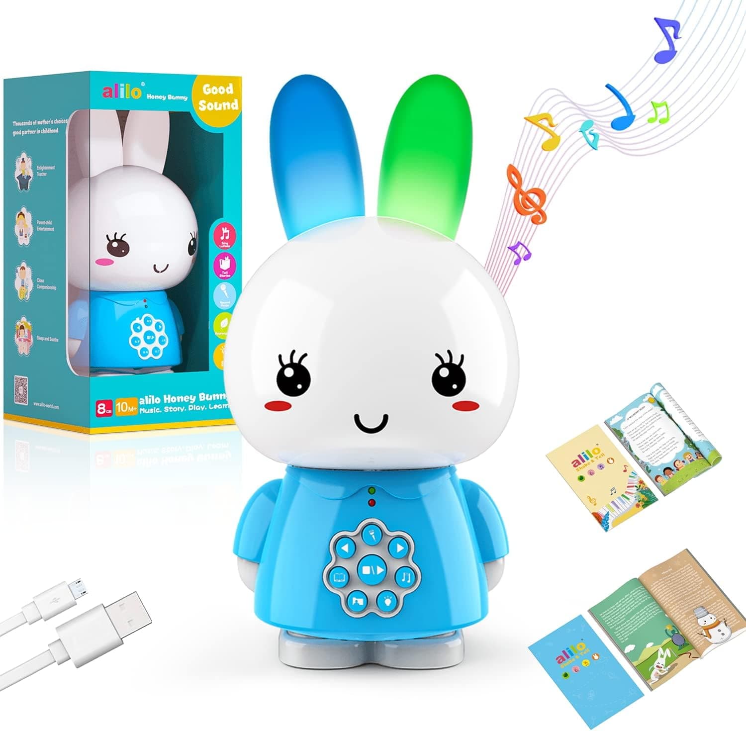 alilo Bunny Early Educational Learning Toy with Music Story Book,Children Musical Player Recorder Teether Toy with Light,Bedtime Story Singing Robot,Gift Present for 10-48 Month Baby & Kids(Blue)
