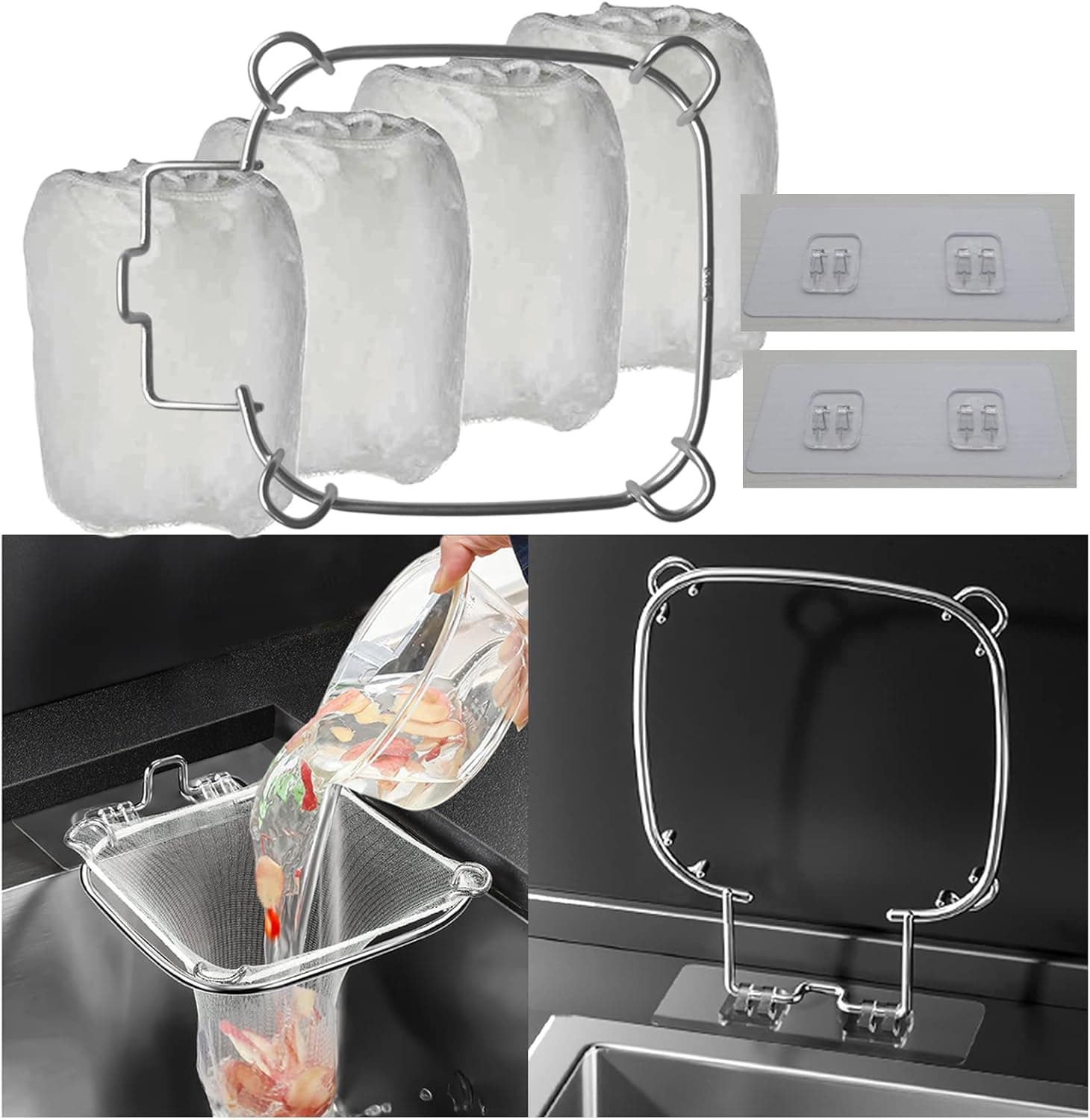 Kitchen Sink Strainer Basket with 200 Sink Net Bag and Stainless Steel Holder,Upgraded Kitchen Triangular Sink Filter,Sink Food Catcher Corner Sink Strainer with Disposable Mesh Strainer Bag