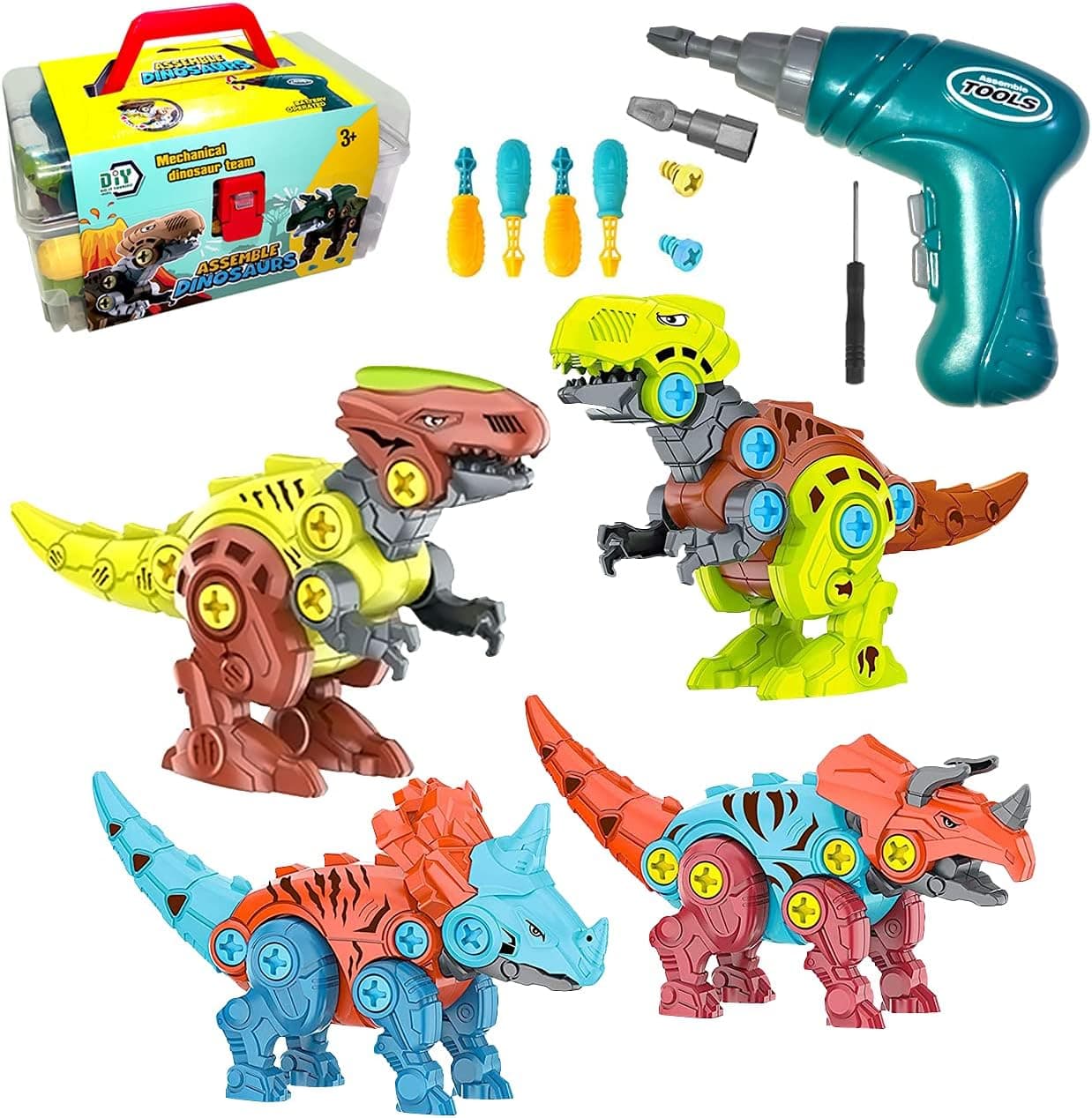 Hensotrue Take Apart Dinosaur Toys for Kids, Dinosaurs Toys Set, 4 Pack Educational DIY Building Toys with Electric/Hand Drills for 3-7 Year Old Boys & Girls Birthday Gifts