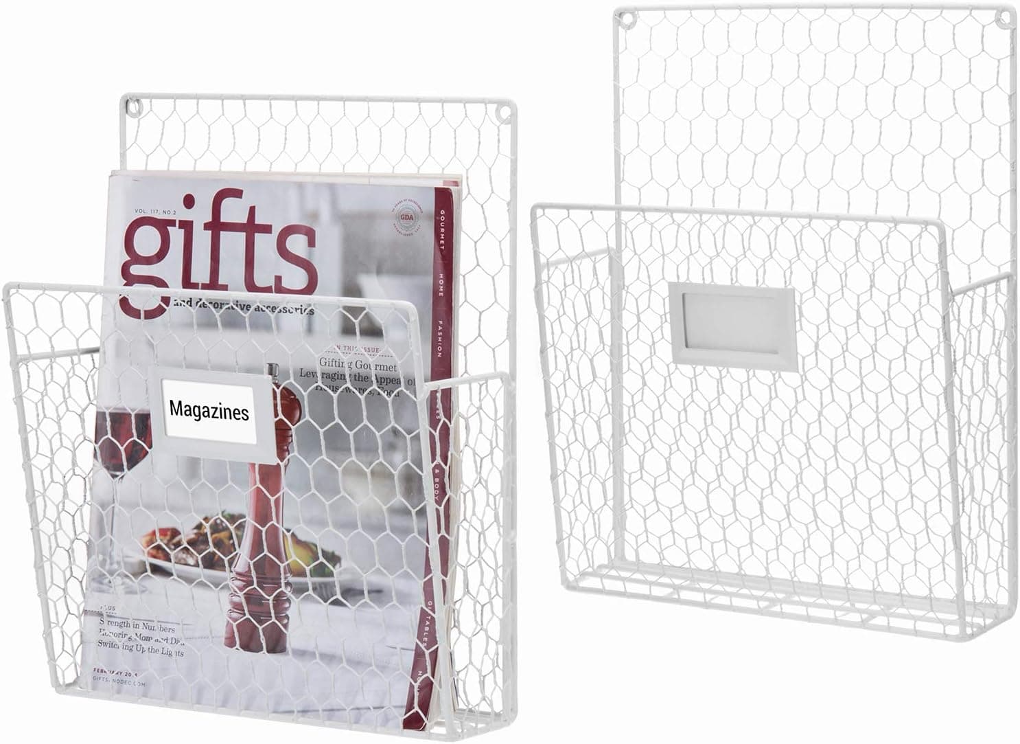 MyGift Wall Mounted Magazine Holder Rack with Chalkboard Label, White Metal Chicken Wire Hanging File Folder Document Organizer, Set of 2