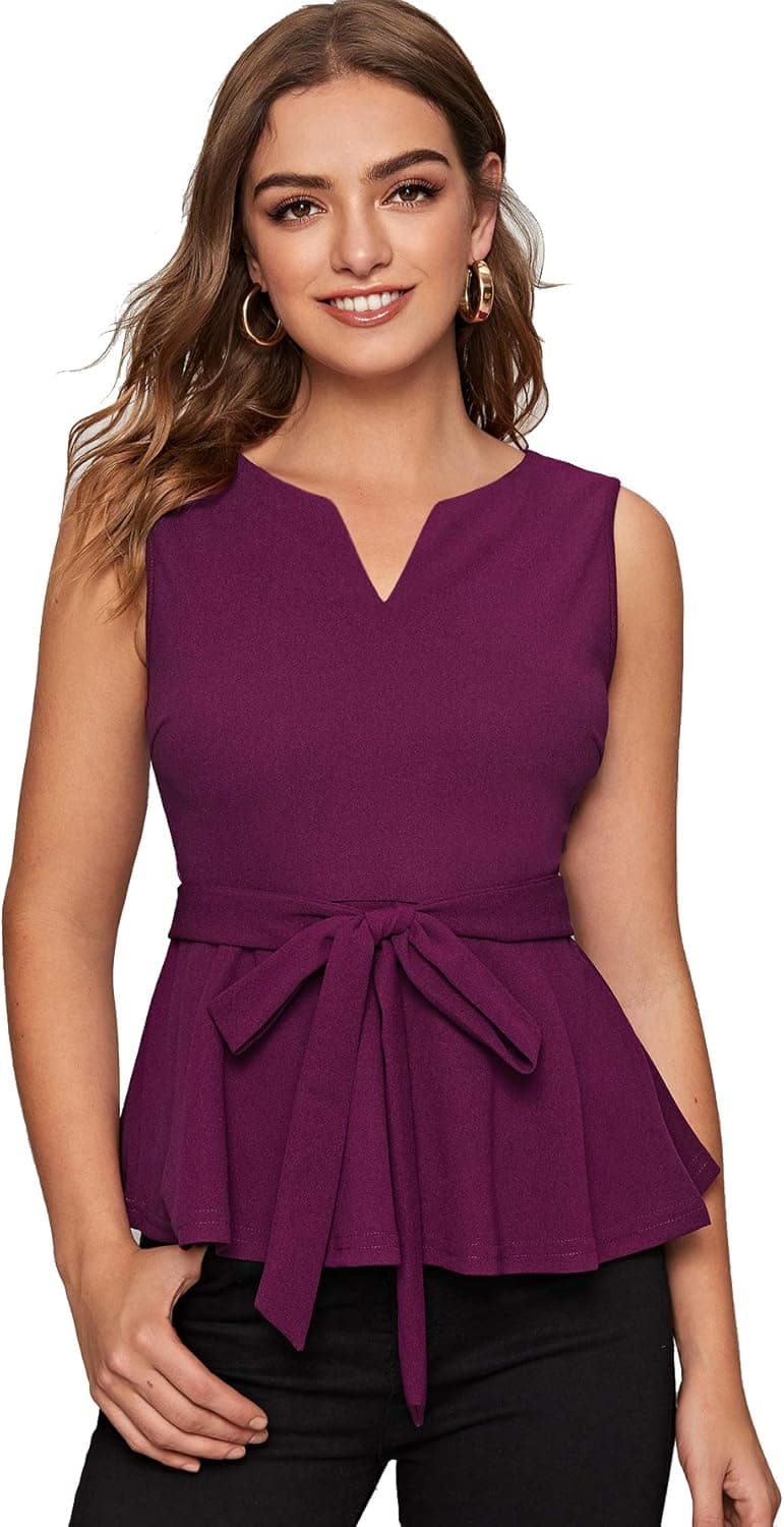 Verdusa Women's Elegant Sleeveless Notch Neck Peplum Blouse Belted Top Jam S