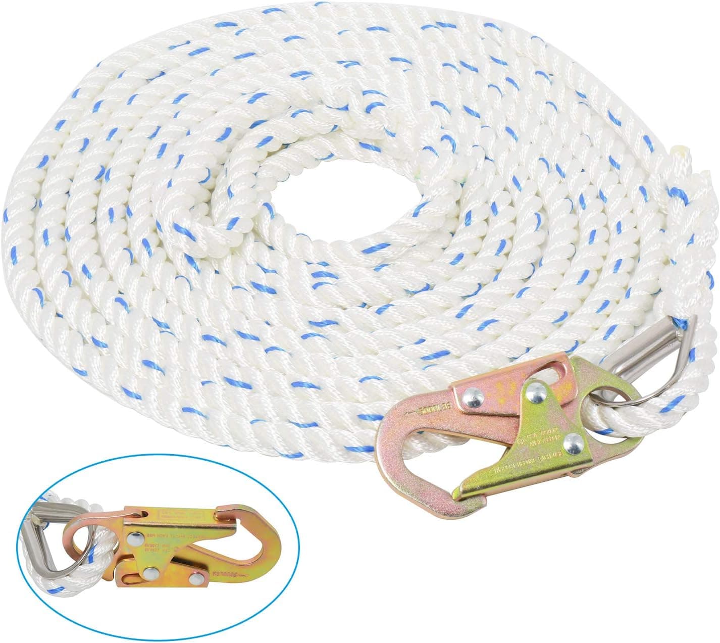 Amarine Made 5/8 Inch 25ft Fall Protection Vertical Lifeline Rope with Back Splice and Snap Hook