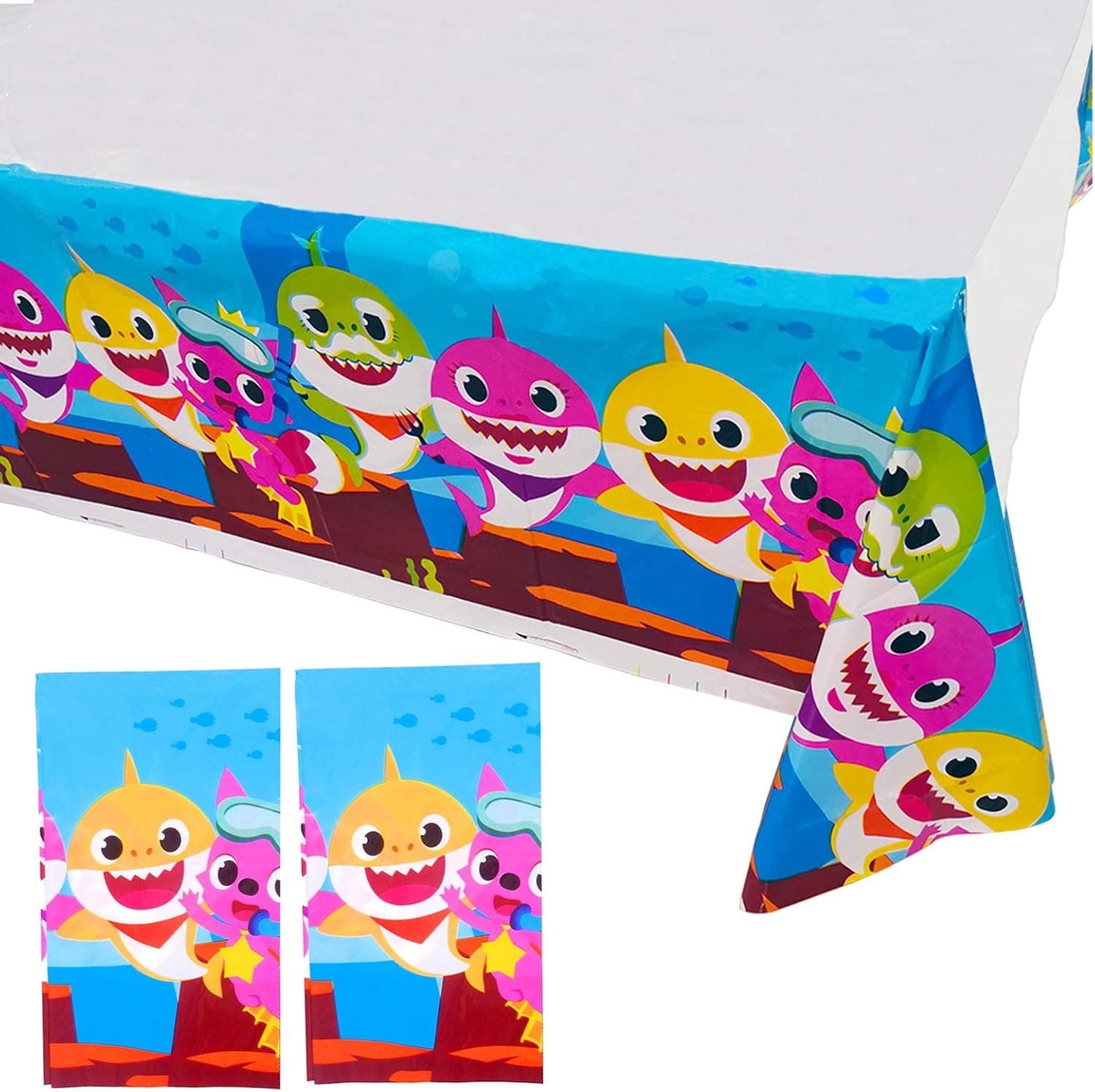 2 Pack 86" x 52" Baby Shark Table Cloth Disposable Shark Plastic Table Cover for Baby Shower/Kids Birthday Party Supplies Decorations