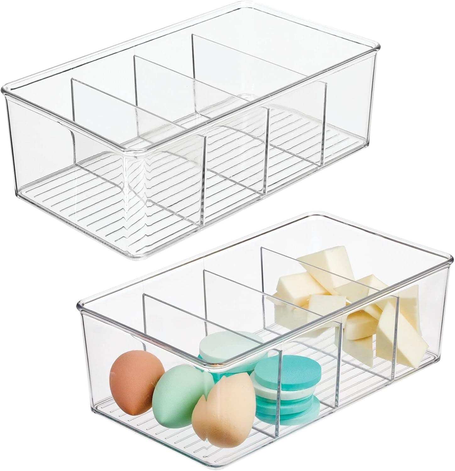 mDesign Plastic Bathroom Storage Organizer Bin with 4 Divided Sections - Holder for Soap, Body Wash, Shampoo, Lotion, Conditioner, Hand Towels, Brushes, Mouthwash - Ligne Collection, 2 Pack - Clear