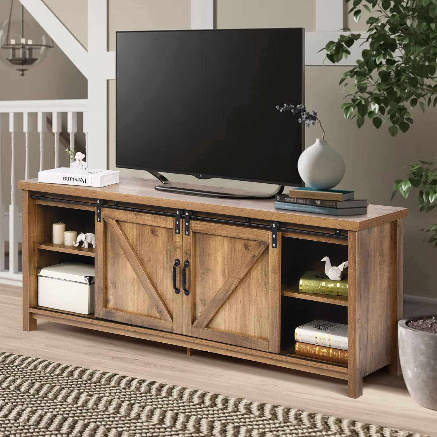Farmhouse TV Stand Sliding Barn Door Wood Entertainment Center, Living Room Storage Cabinet Media Console w/Doors and Shelves TV's up to 65", Rustic Oak
