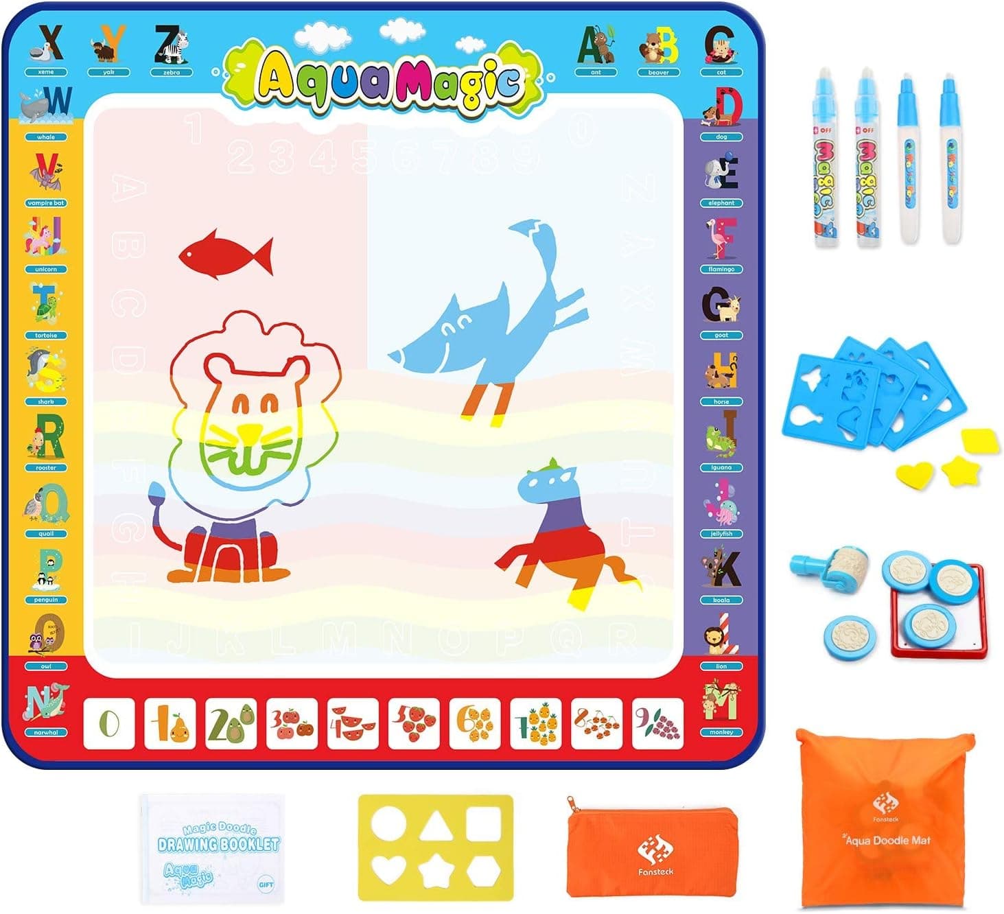 Fansteck Water Drawing Mat 50x40 inch, Water Doodle Mat with Storage Bag, Aqua Magic Doodle Mat with Alphabet&Number Templates, Educational Toys for Boys, Girls Age of 3 4 5 6 7 8