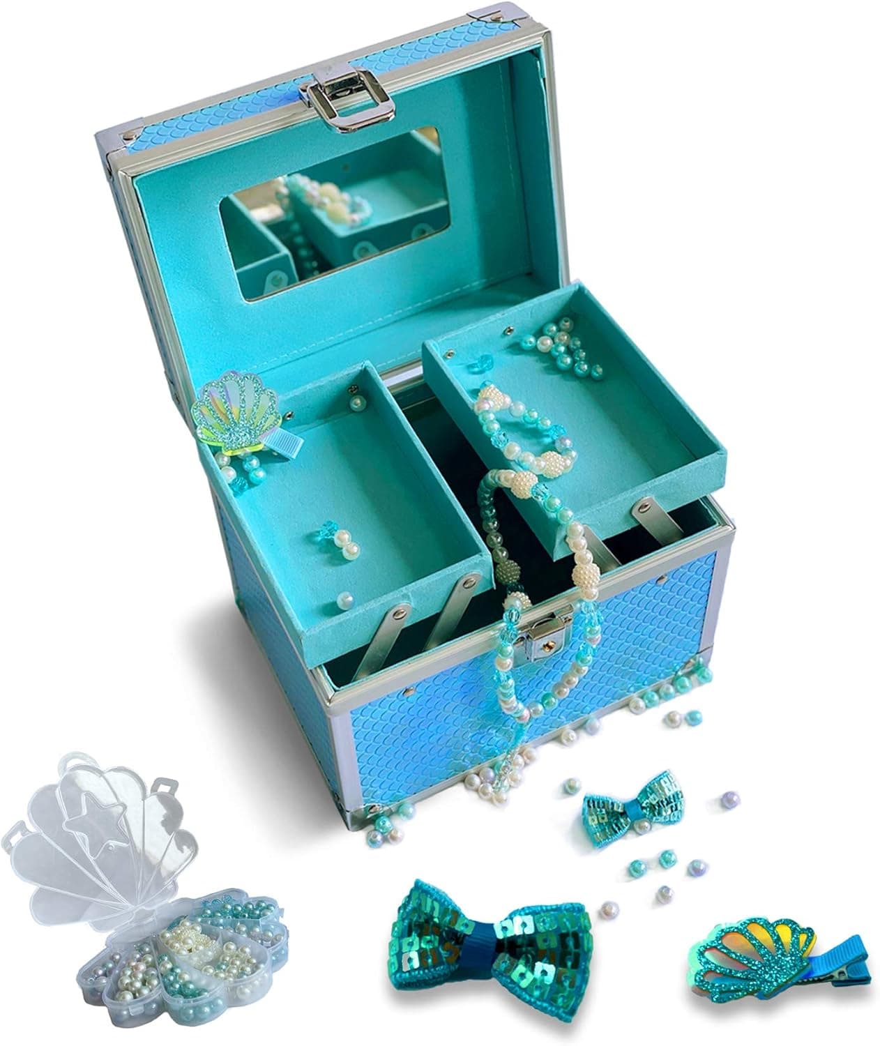 10Leccion Jewelry Box for Little girls, Portable Aluminum Frame Cosmetic Travel Bag, Princess Makeup Train Case with Trays, 3-12 Year Old Girl birthday Gift