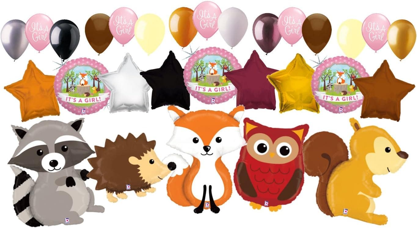 29pc Woodland Creatures It's a Baby Girl Animal Balloon Bouquet Party Decoration