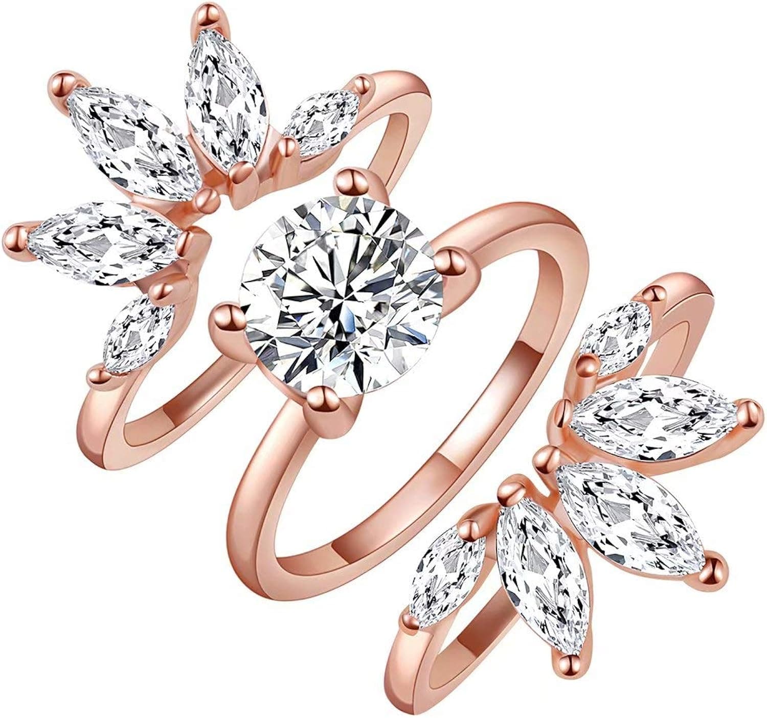 3pcs Stackable Rose Gold Rings Set Cubic Zirconia Engagement Wendding Band Ring Marquise Guard Enhance Ring Knuckle Cocktail Rings for Women Girls, Size 6