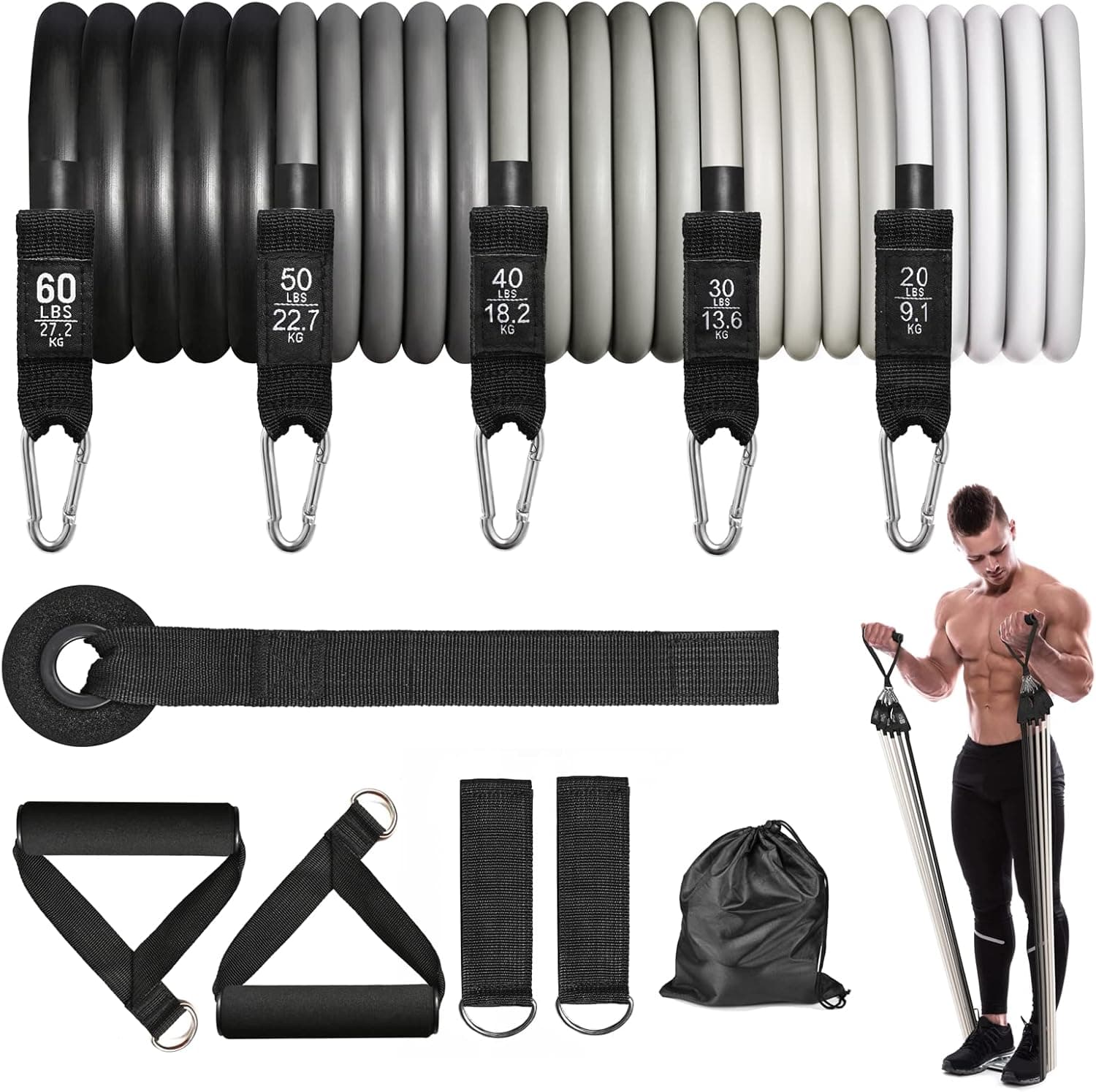 Resistance Bands Set, Workout Band, Exercise Bands with Door Anchor, Handles, Legs & Ankle Straps, Carry Bag, Strength Training Equipment at Home