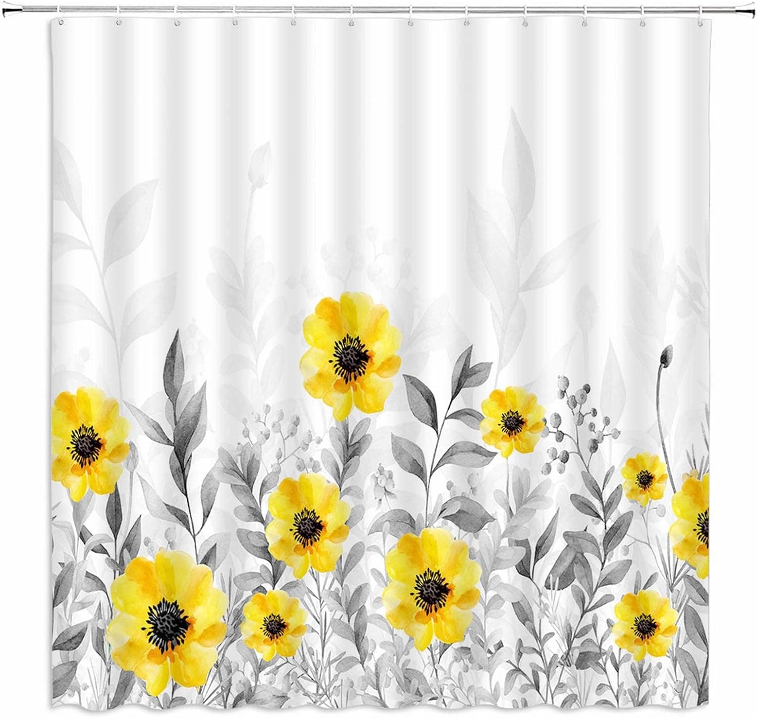 DtrMelsr Yellow Gray Flower Shower Curtain Watercolor Floral Grey Leaves Spring Wildflower Plants Abstract Leaf Elegant Botanical Modern Minimalist Chic Fabric Bathroom Curtain with Hooks