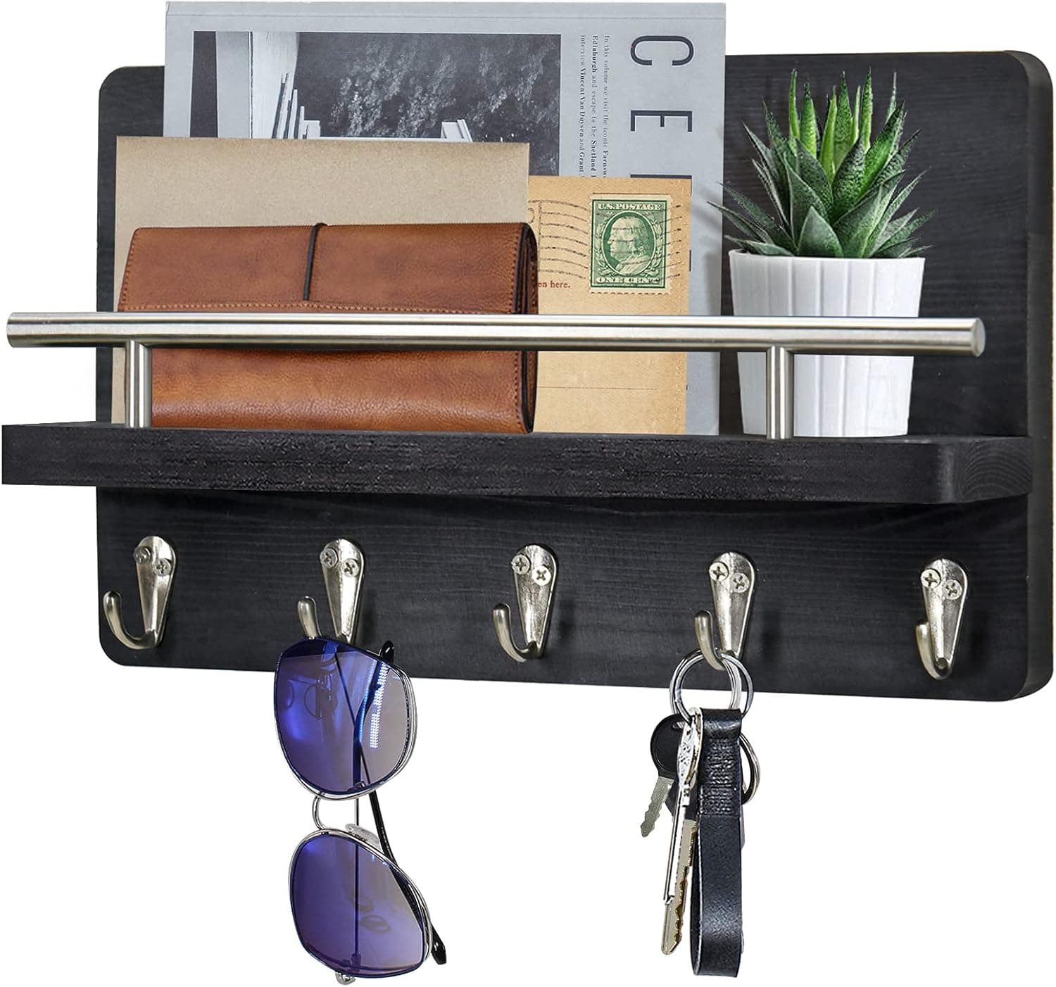 PICKKROSS Key and Mail Holder for Wall, Wooden Mail Organizer with 5 Key Hooks, Farmhouse Key Holder for Wall Decorative, Rustic Hanging Mail and Key Holder Wall Mount for Home, Hallway(Black)