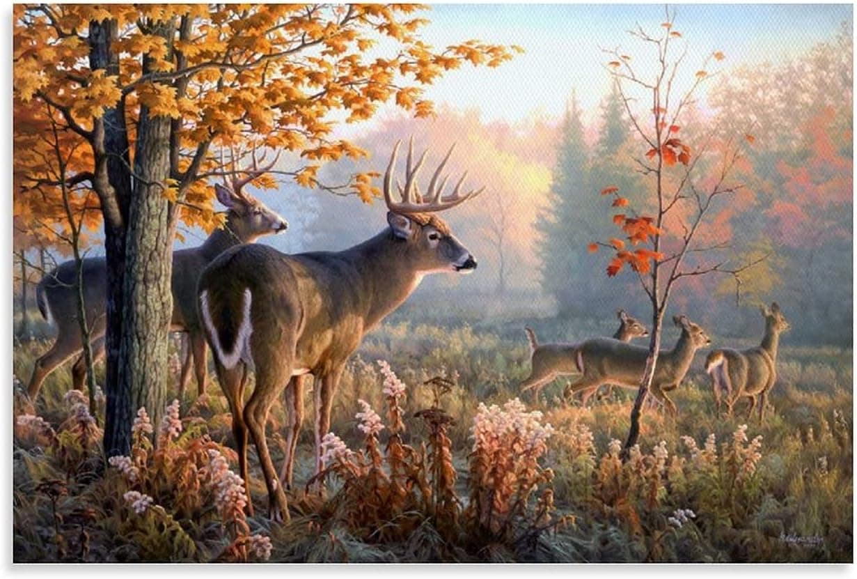 HYQHYX Whitetail Deer in Autumn Sunlight Forest Pictures Prints On Canvas Animal Modern Poster Art Paintings on Canvas for Home Room Office Wall Decoration 20x30inch(50x75cm)
