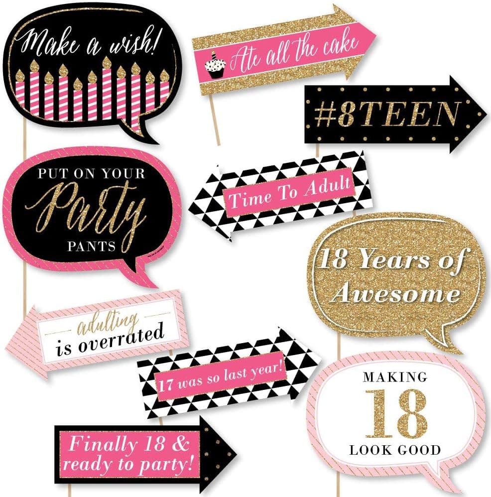 Big Dot of Happiness Funny Chic 18th Birthday - Pink, Black and Gold - 18th Birthday Party Photo Booth Props Kit - 10 Piece